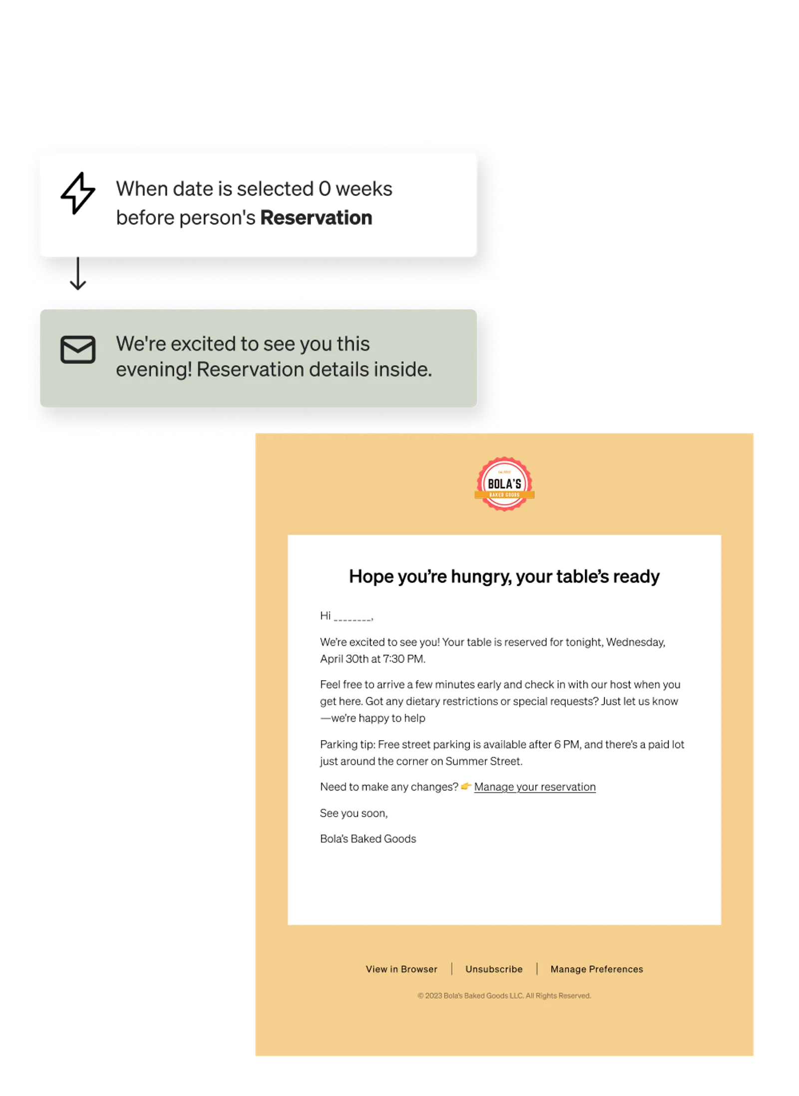 An example appointment reminder flow and email.