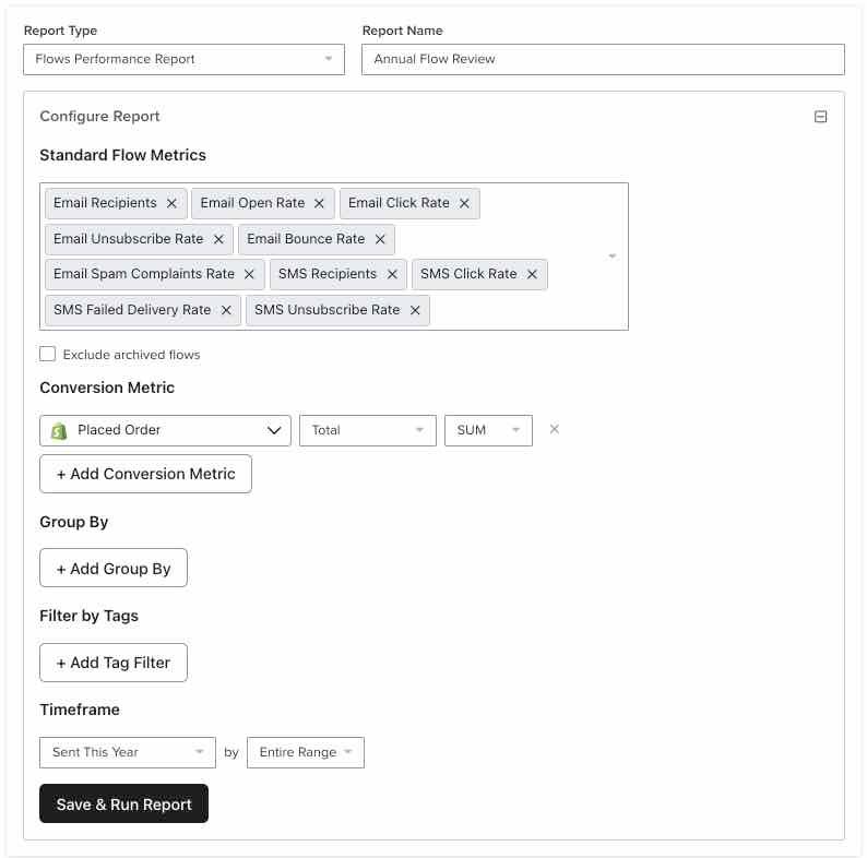 Custom reports creation wizard showing configuration options for Flows performance report