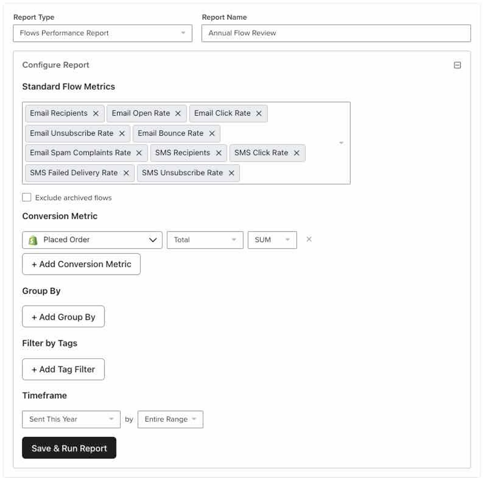 Custom reports creation wizard showing configuration options for Flows performance report