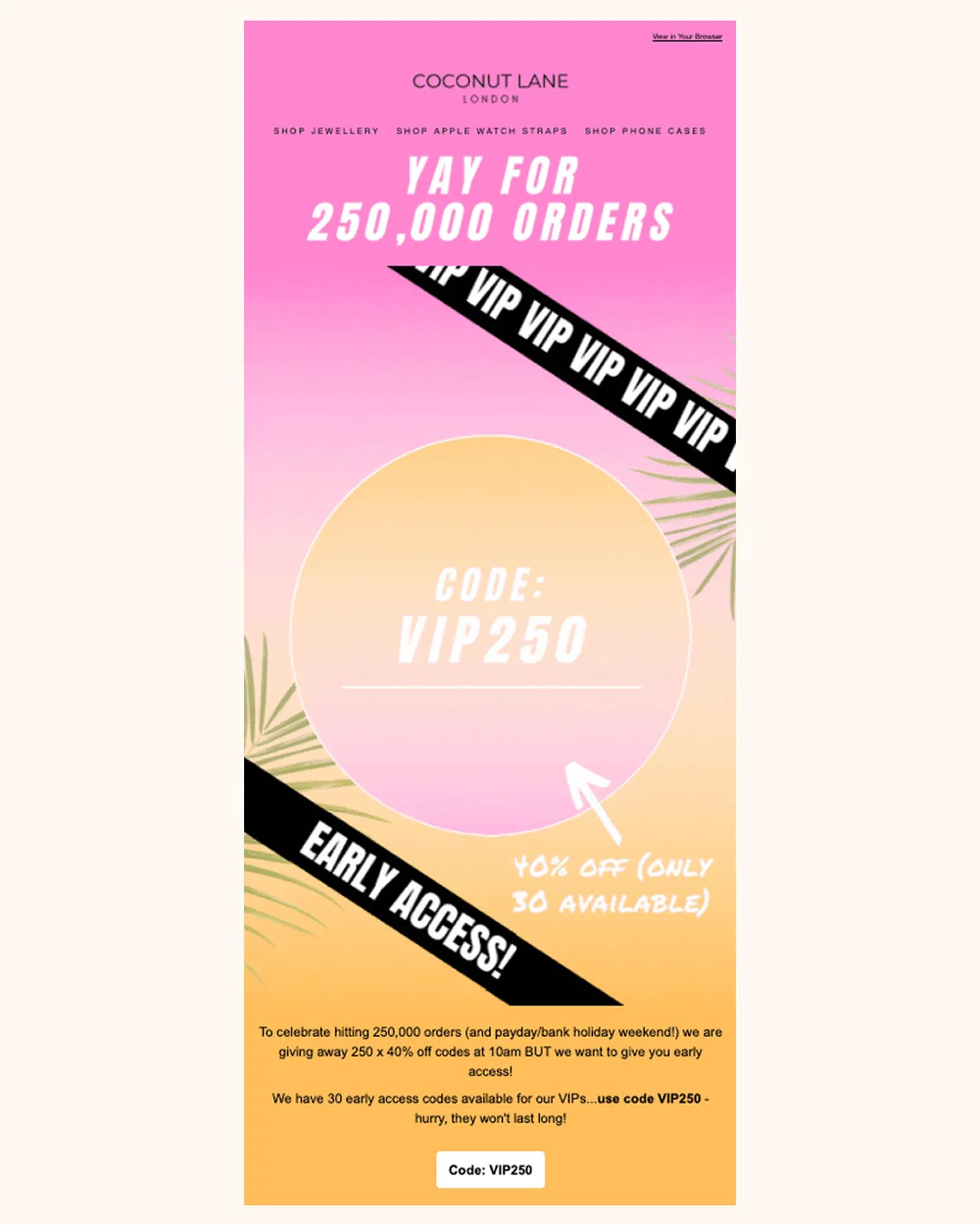 An example VIP message from Coconut Lane.