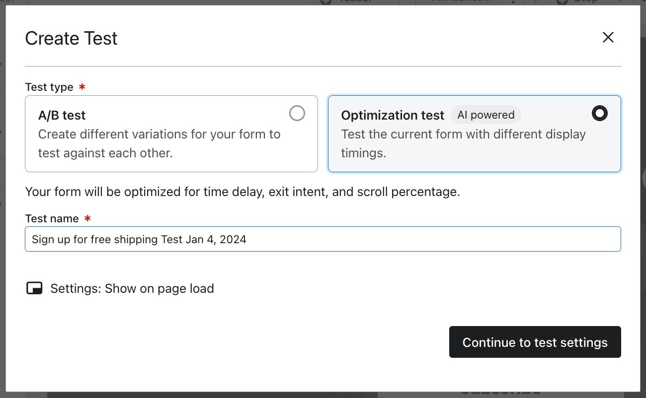 Example of selecting optimization test on the A/B testing modal.