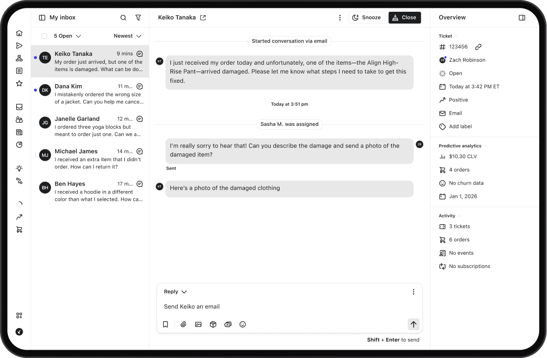 Customer service inbox interface showing an email conversation about a damaged item and a sidebar with ticket and customer analytics.