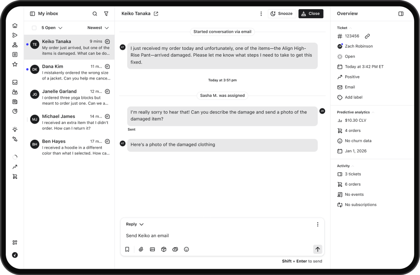 Customer service inbox interface showing an email conversation about a damaged item and a sidebar with ticket and customer analytics.