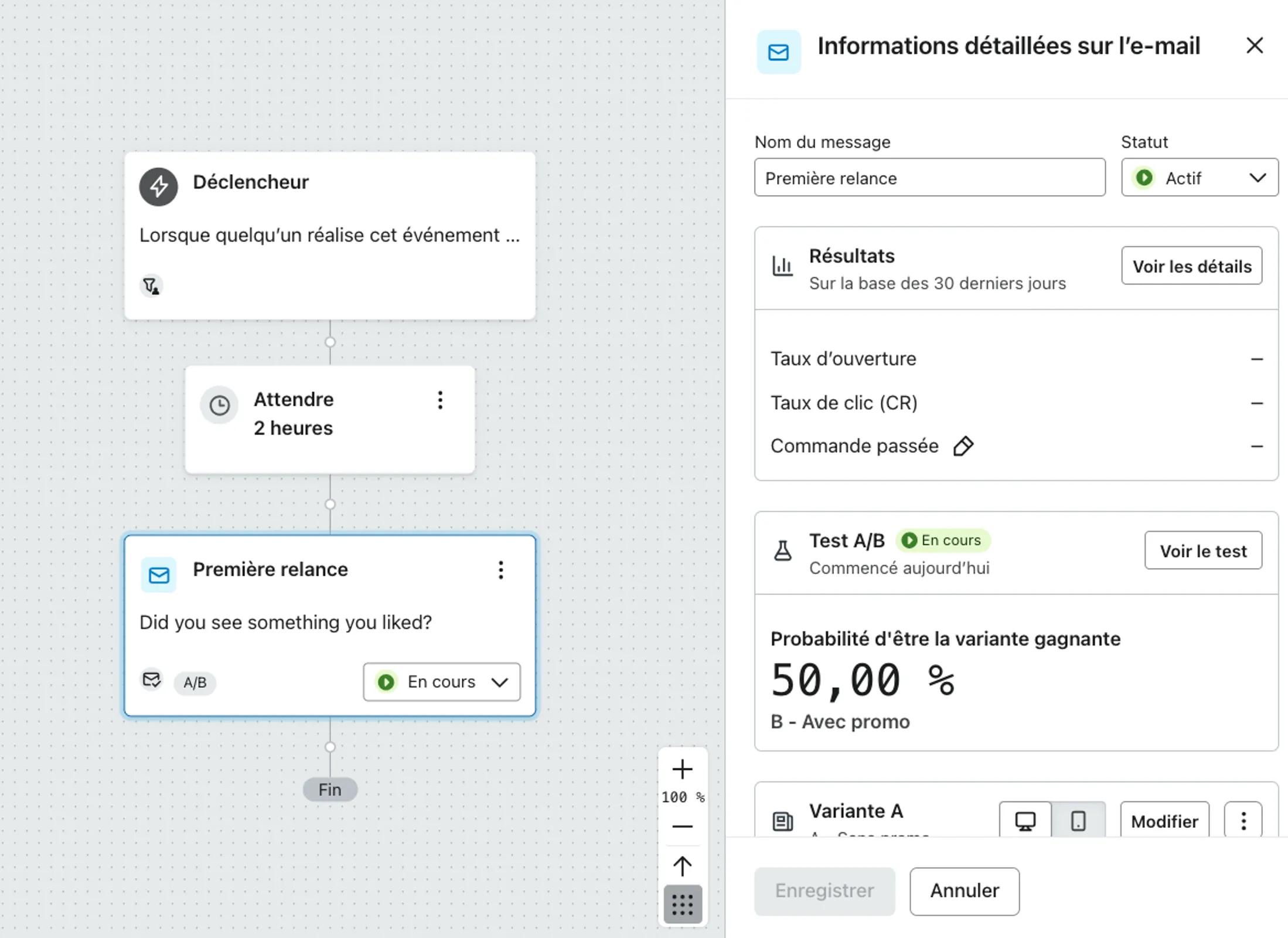 Exemple de ce à quoi ressemble un test A/B en direct, dans lequel il y a 2 variations du même email : l'une avec un objet général et l'autre annonçant une réduction.
