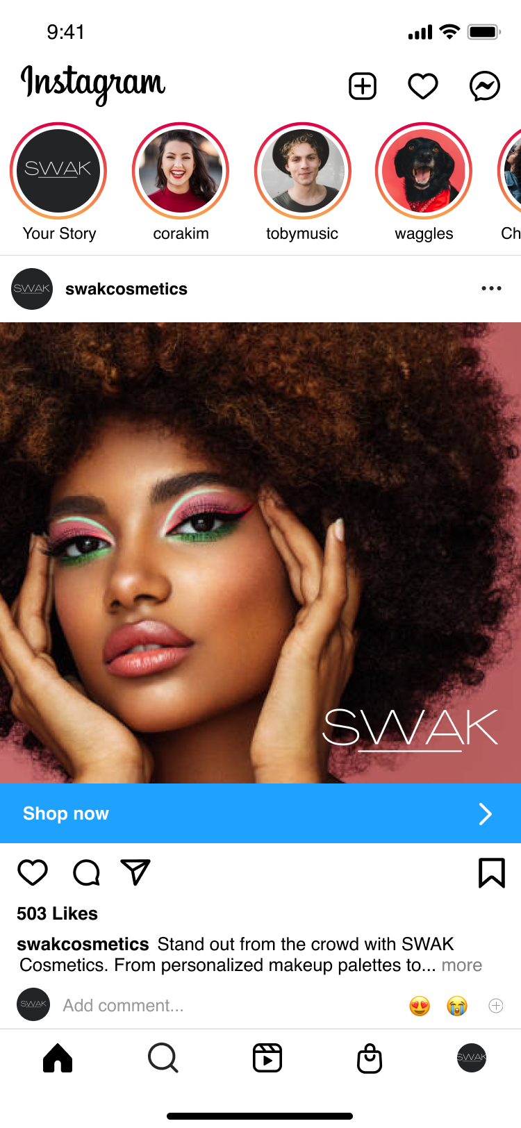 An Instagram post from SWAK cosmetics captioned "Stand out from the crowd with SWAK Cosmetics."