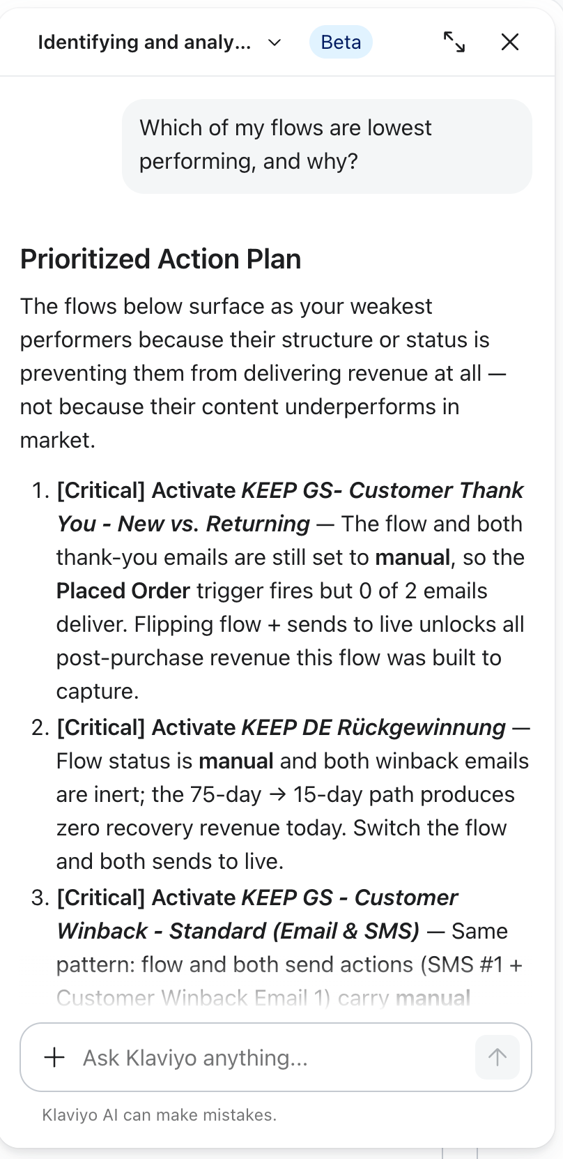 An AI-powered interface displaying a "Prioritized Action Plan" based on a query about underperforming flows, listing three critical actions to activate and adjust marketing automation flows.
