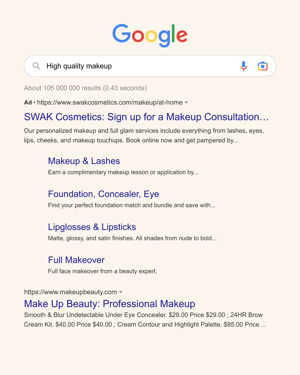 Example Google search ad from SWAK Cosmetics.