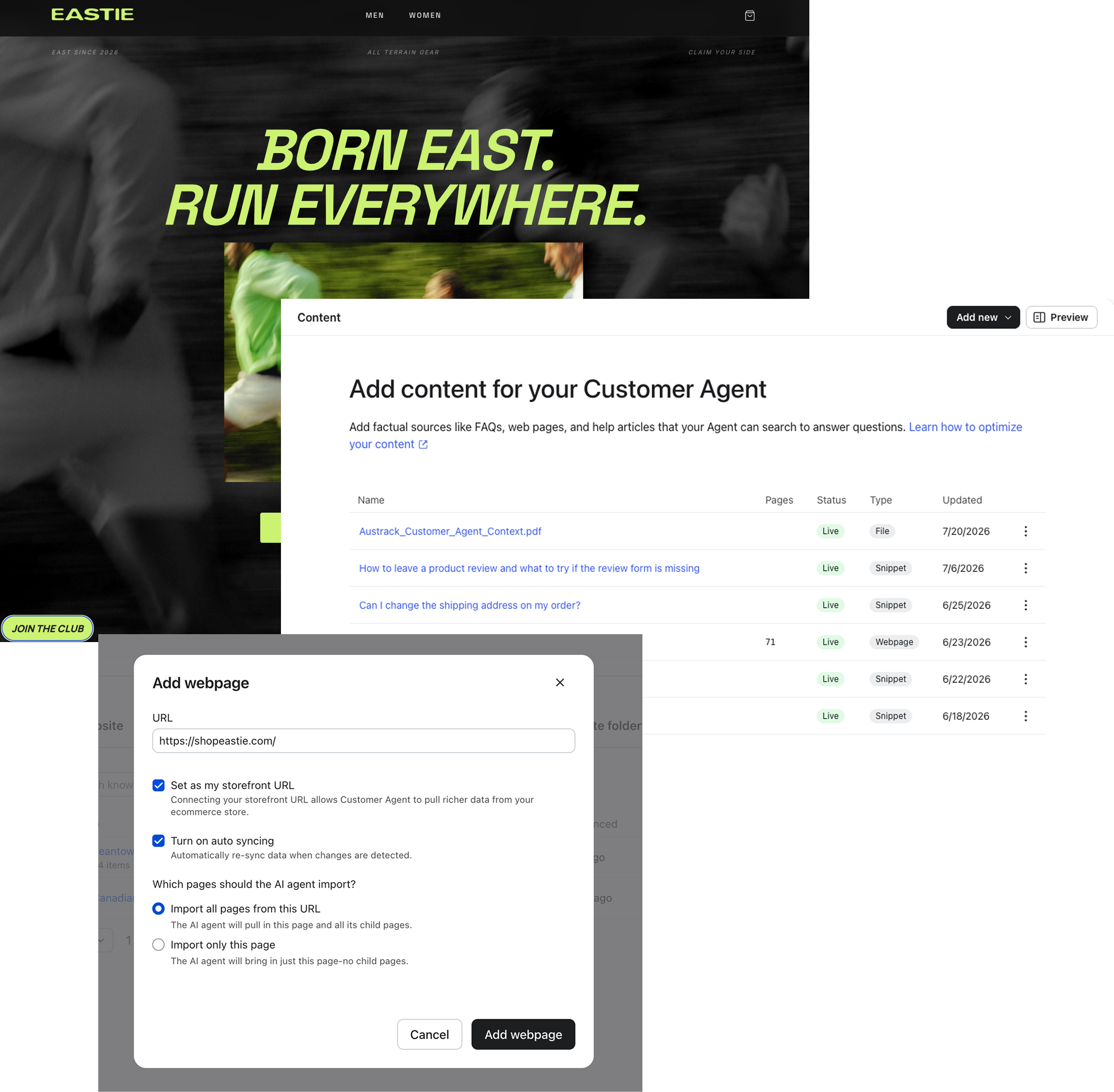 Eastie's website, Customer agent content, and the setting to show an auto sync of the storefront.