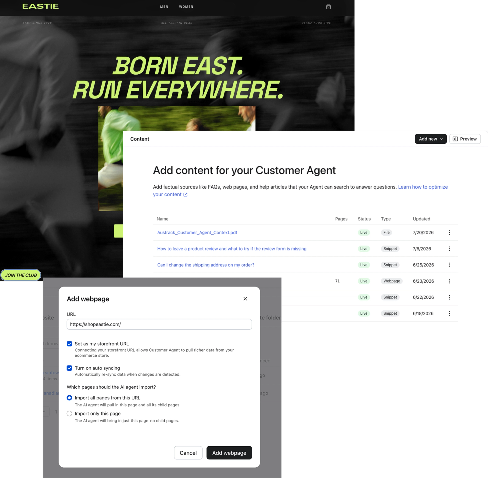 Eastie's website, Customer agent content, and the setting to show an auto sync of the storefront.