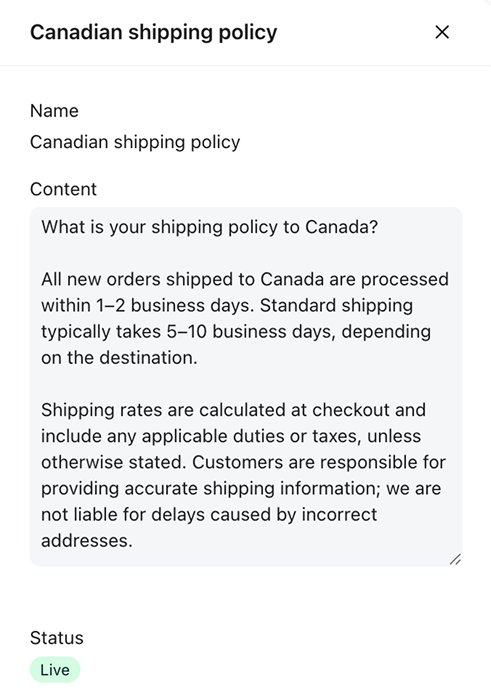 Example Eastie Canadian shipping policy uploaded as text content for Customer Agent.