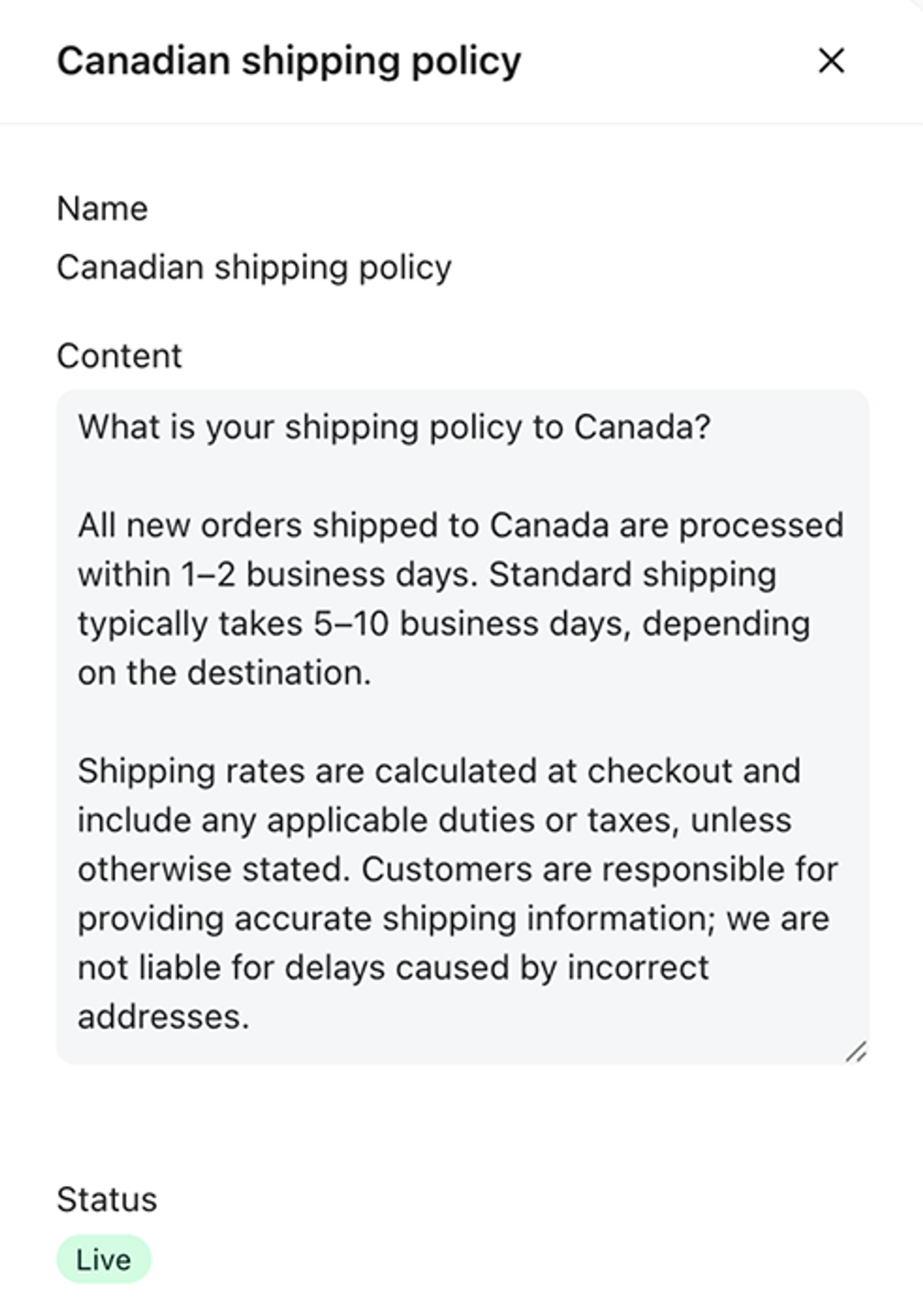 Example Eastie Canadian shipping policy uploaded as text content for Customer Agent.
