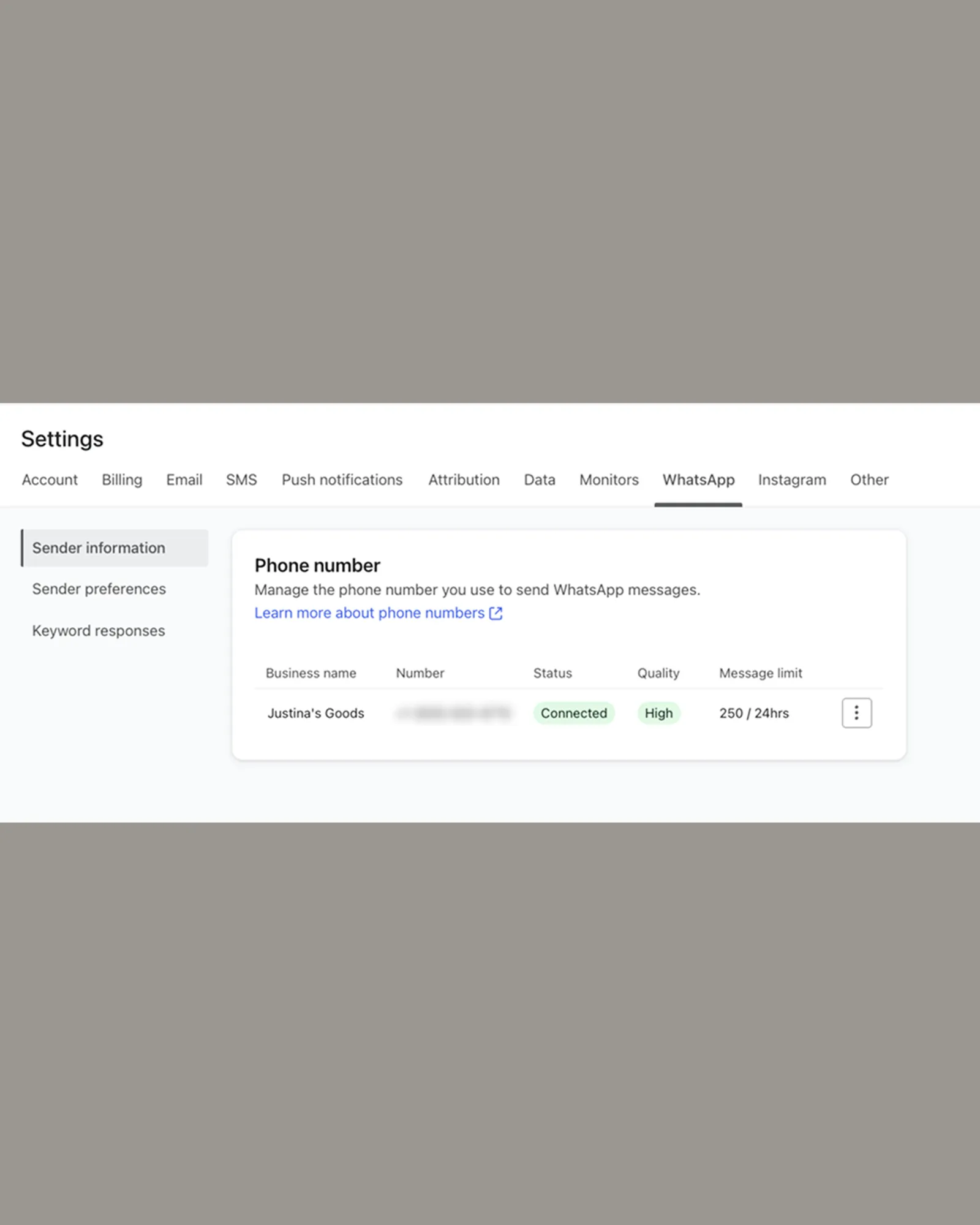 Screenshot of a WhatsApp sending phone number's quality rating in Klaviyo