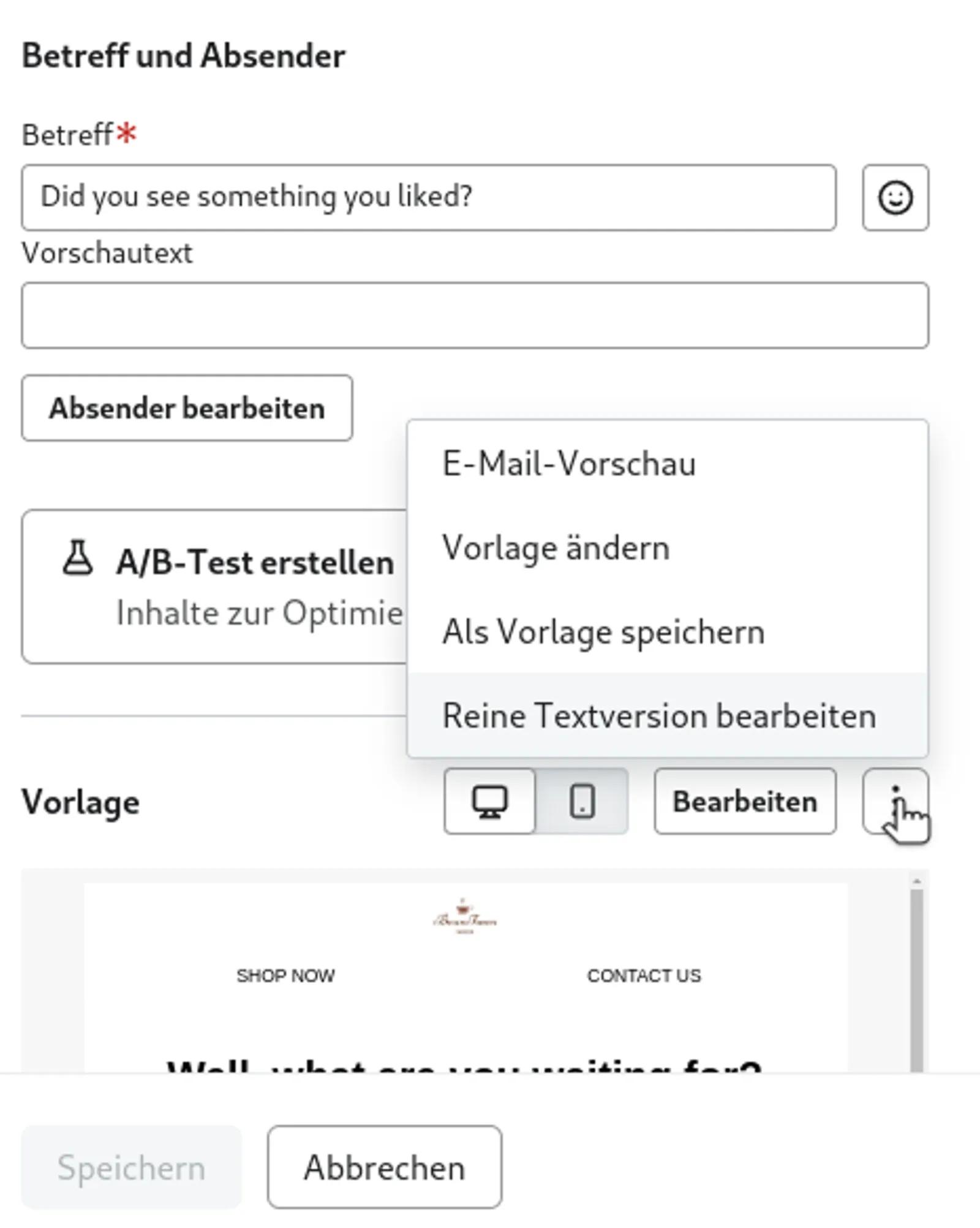 Klicken Sie unter Vorlage auf das Dropdown-Menü und wählen Sie E-Mail-Vorschau.