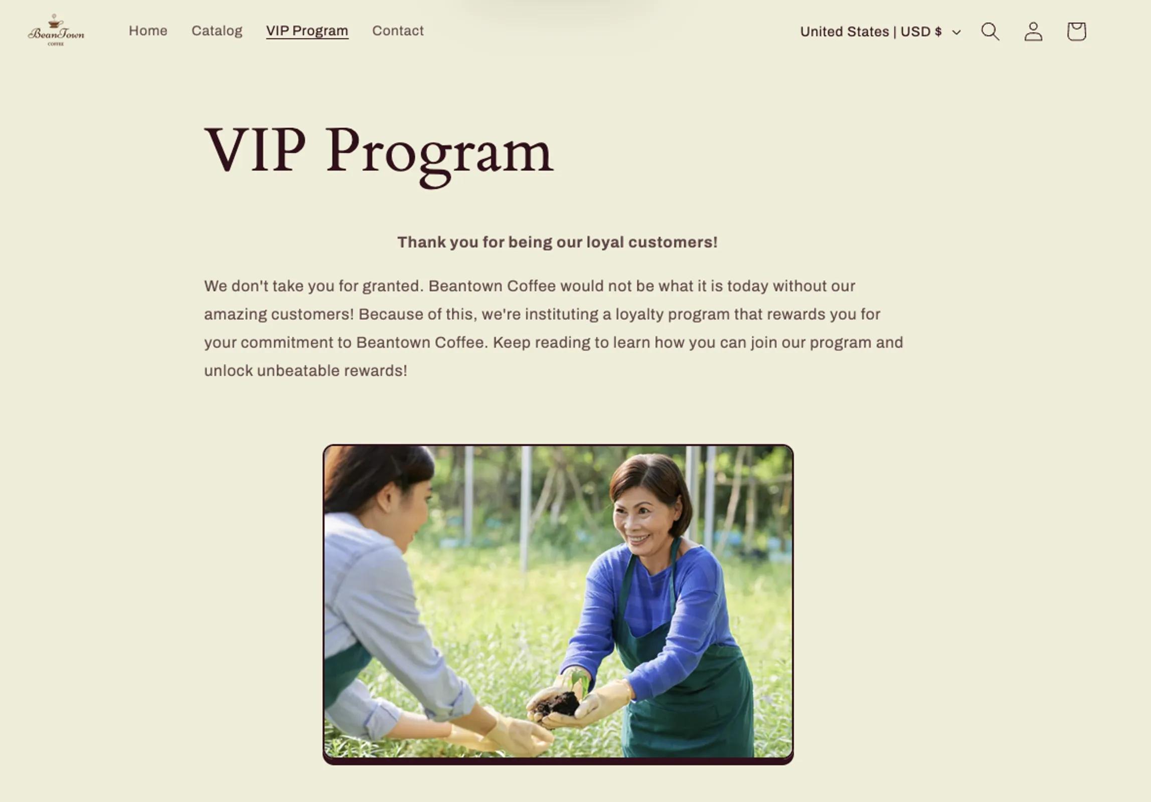 Loyalty page on Beantown's website