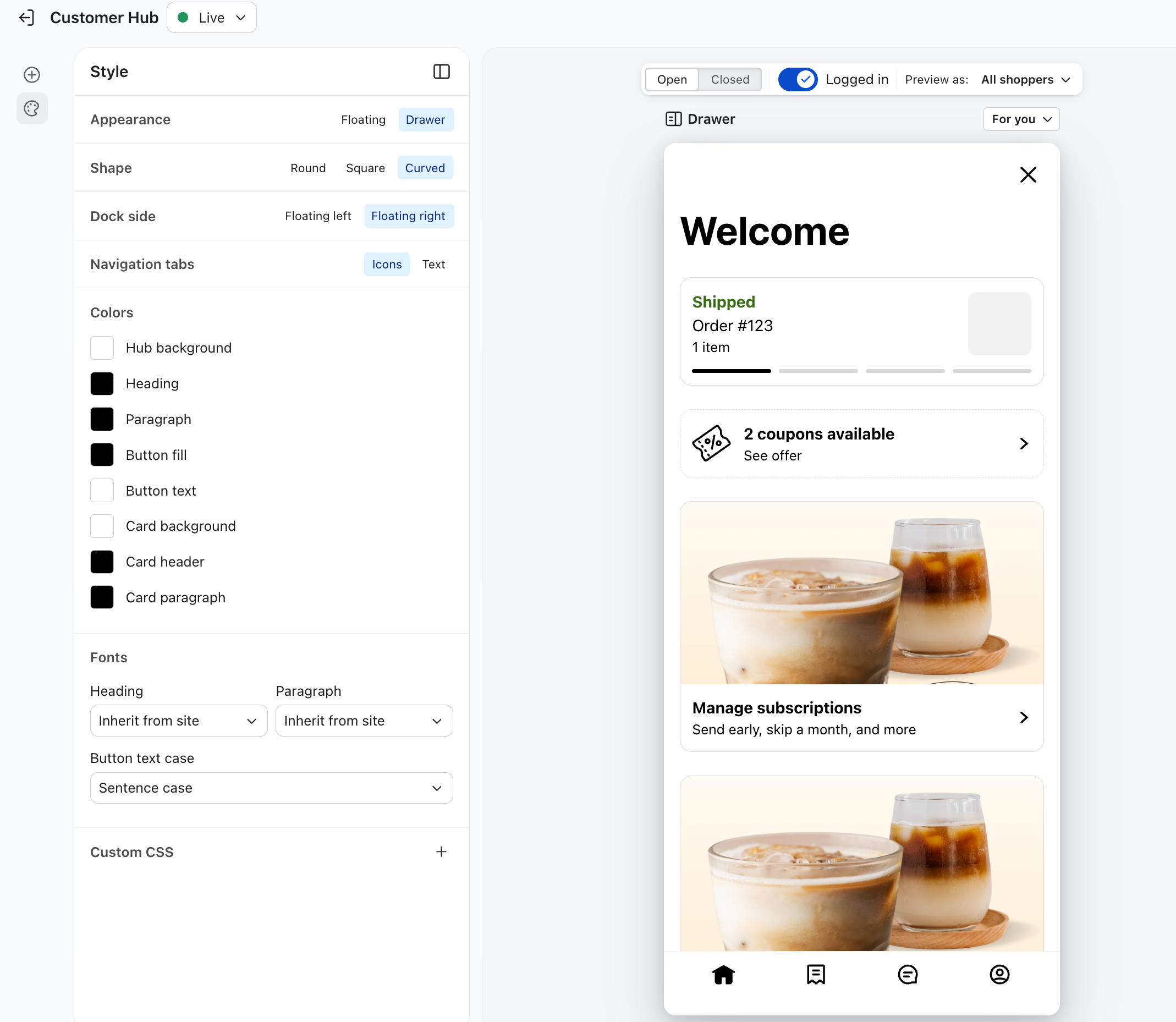 UI for customizing a Customer Hub's style (appearance, colors, fonts) on the left, with a live mobile preview showing orders, coupons, and subscriptions on the right.