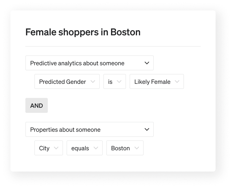 Segment that will include anyone whose predicted gender is likely female and who has the property of city equals Boston.