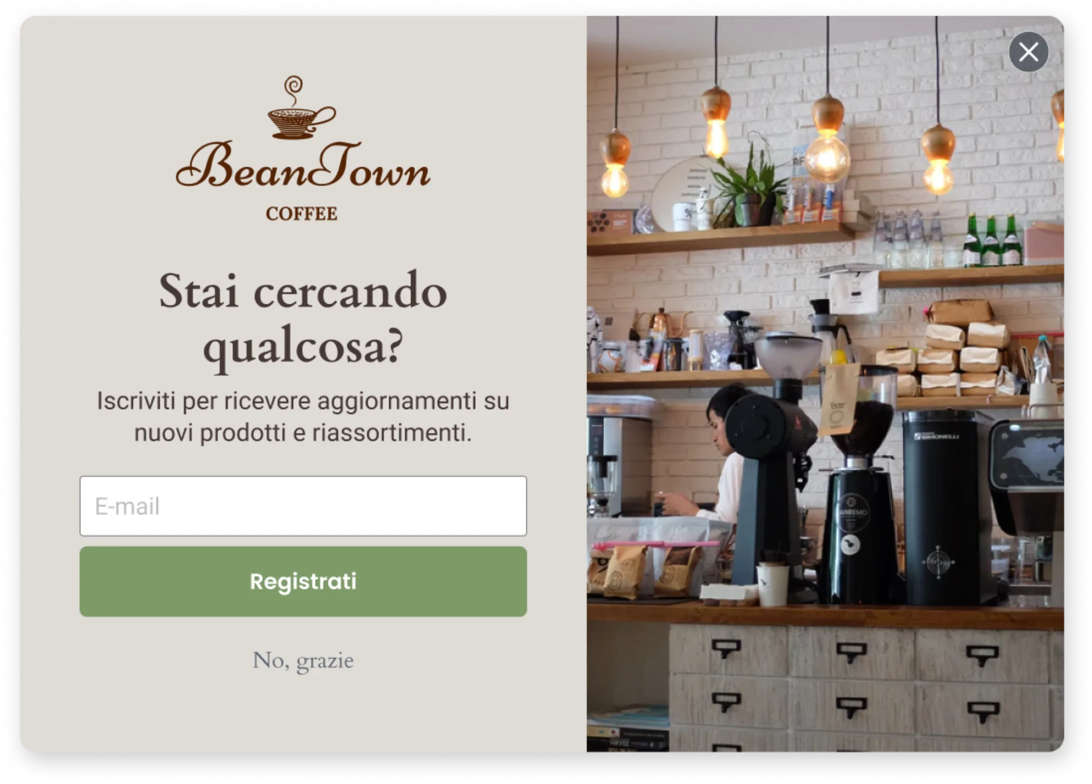 Modulo su un articolo Beantown esaurito che invita gli utenti a iscriversi per ricevere notifiche quando il prodotto sarà nuovamente disponibile.