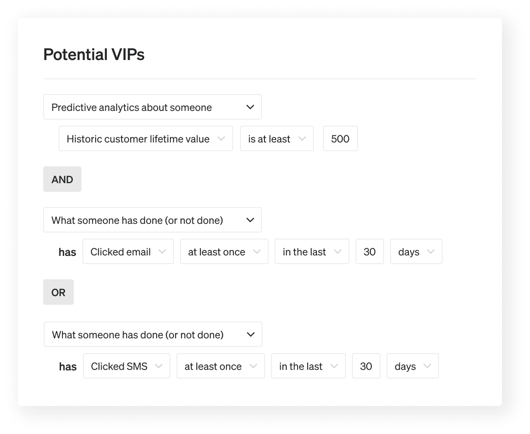 Potential VIPs will include anyone with a historic customer lifetime value of $500 or more, and who has either clicked an email or an SMS in the last 30 days.