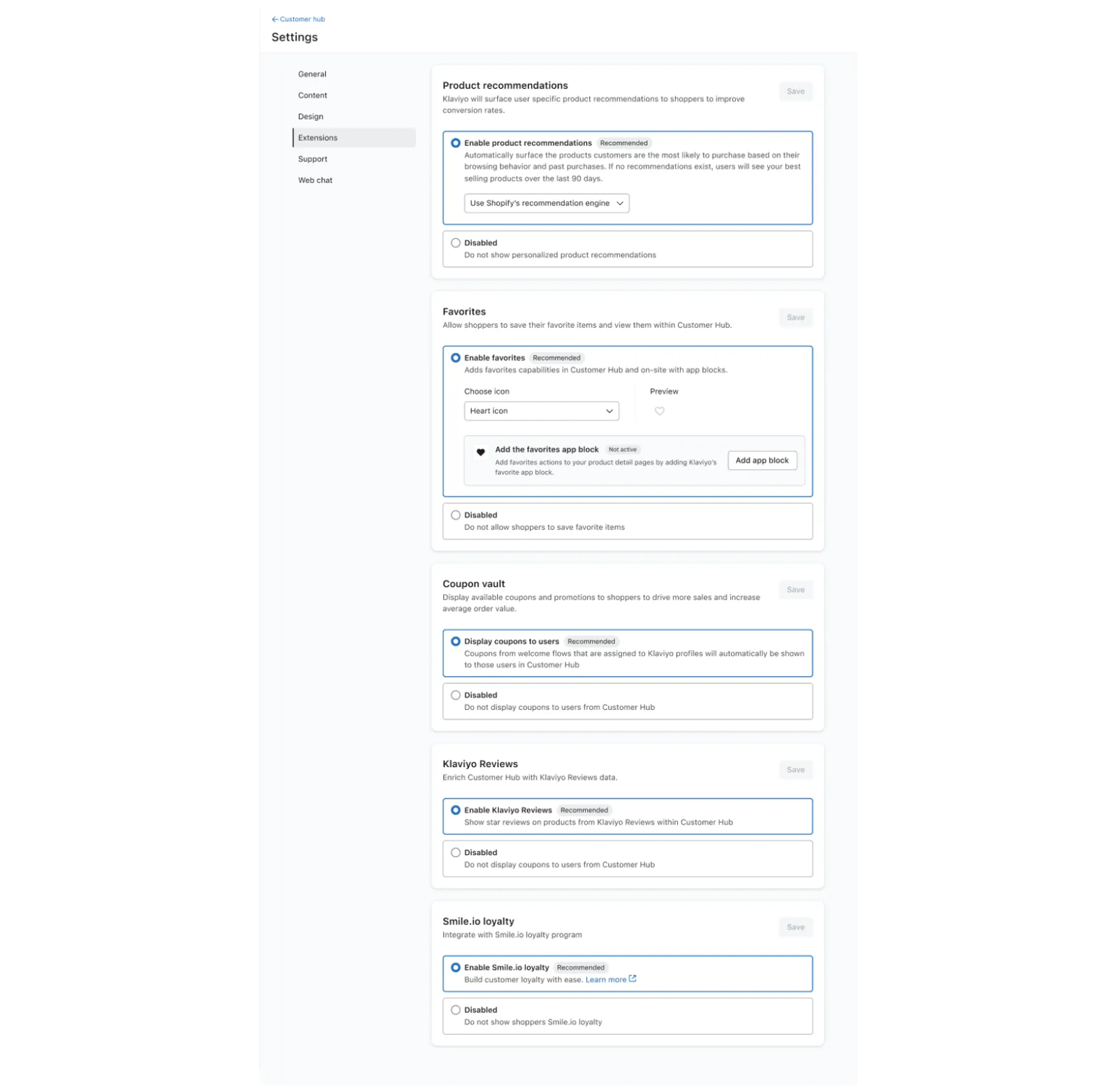 The Extensions options page in Customer Hub.