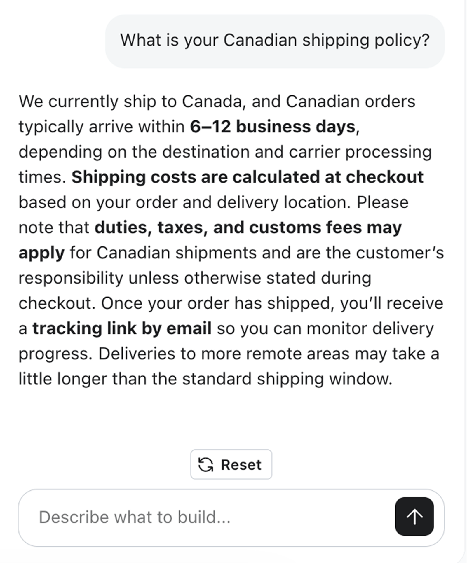 Customer Agent answering a question about shipping policies, in great detail