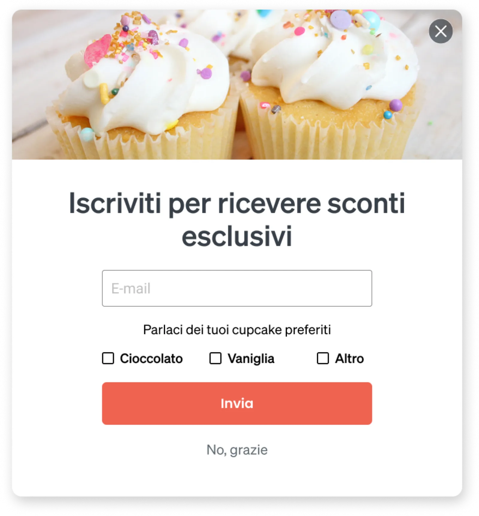 Image of a sign-up form requesting an email and a visitors favorite cupcake flavor.