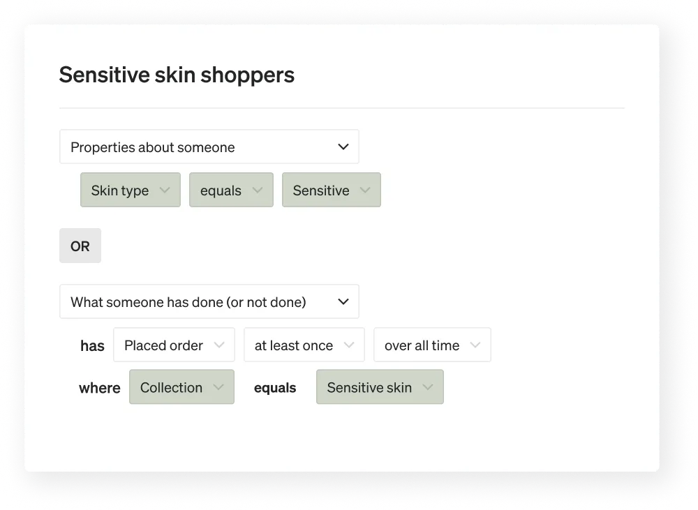 Segment that includes anyone who has specified that they have sensitive skin OR who has ordered at least once from the SWAK sensitive skincare collection.