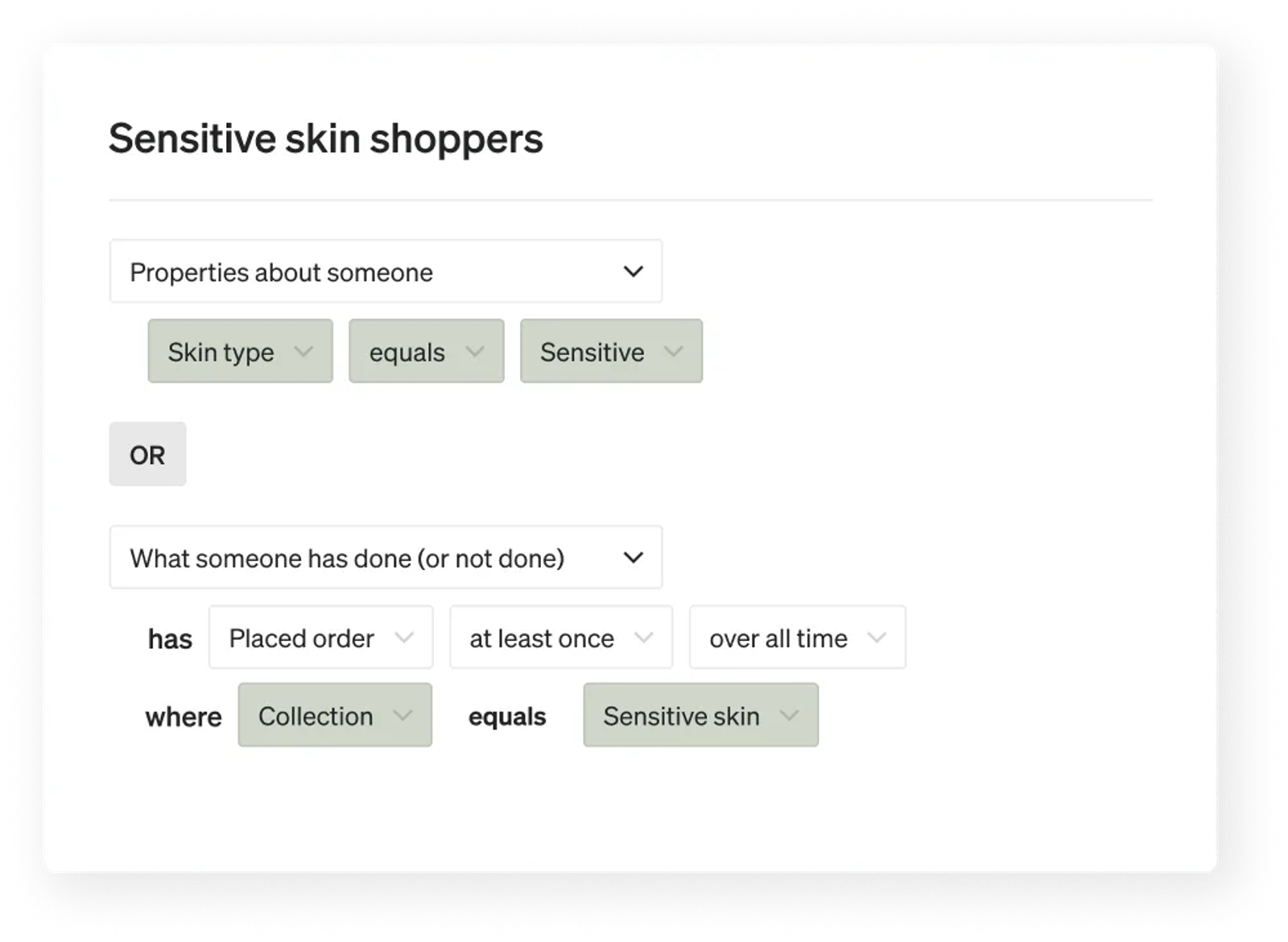 Segment that includes anyone who has specified that they have sensitive skin OR who has ordered at least once from the SWAK sensitive skincare collection.