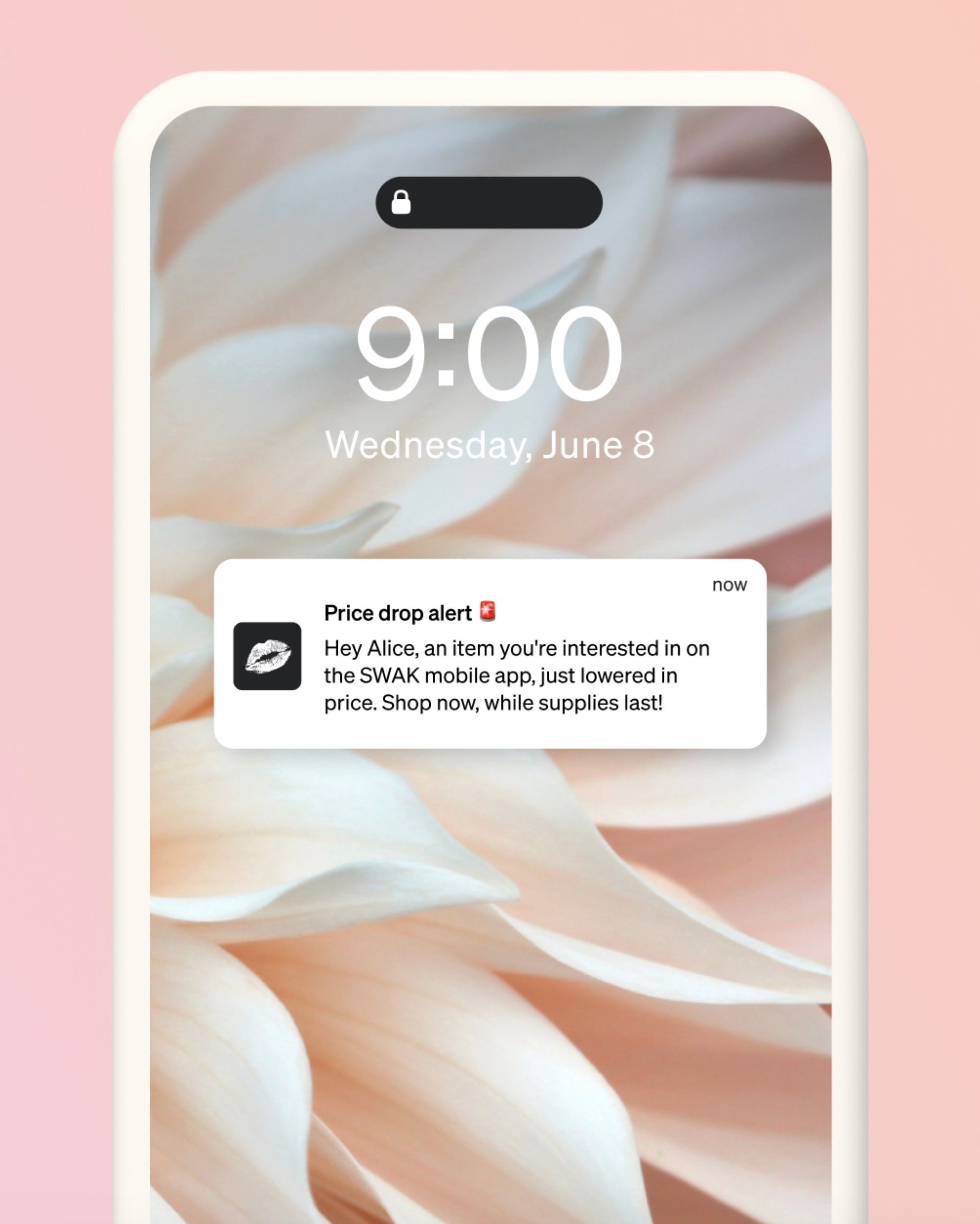 A SWAK Cosmetics flow push notification, alerting recipients that an item they're interested in is now listed at a lower price on their mobile app.