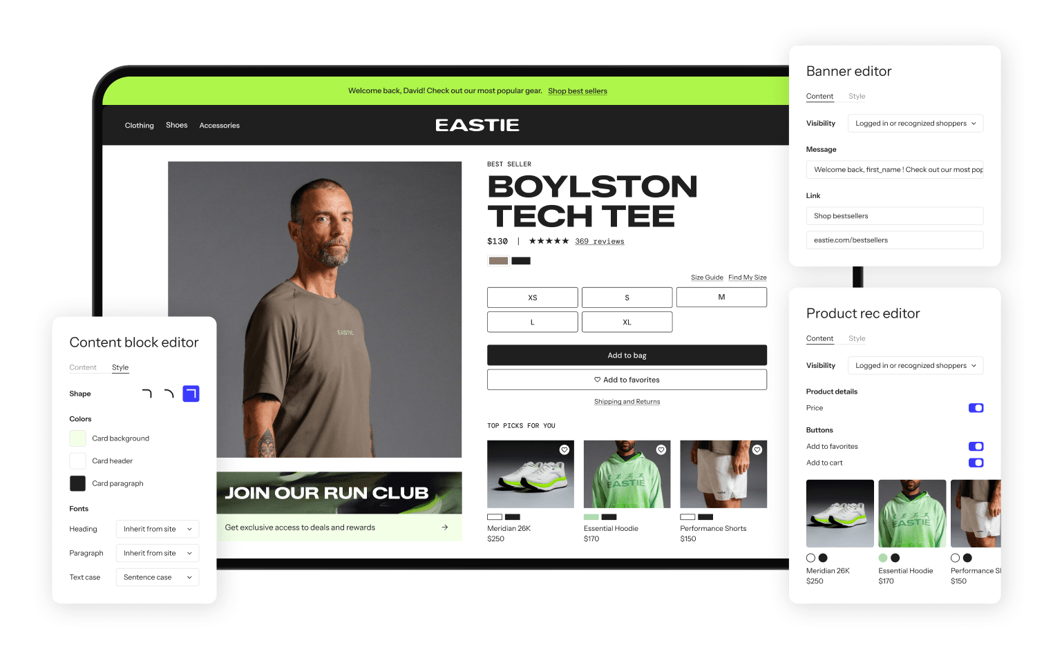 A laptop screen displaying an e-commerce product page, with editing panels for content, banners, and product recommendations.