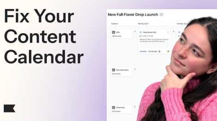 Text 'Fix Your Content Calendar' next to a woman pondering a digital content calendar.