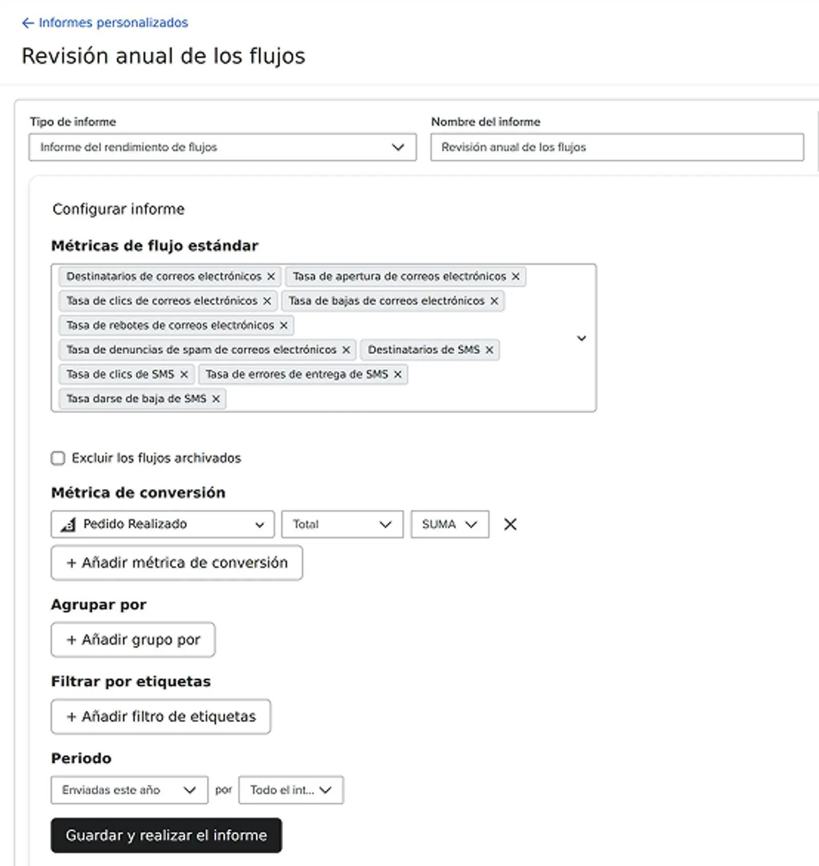 Custom reports creation wizard showing configuration options for Flows performance report