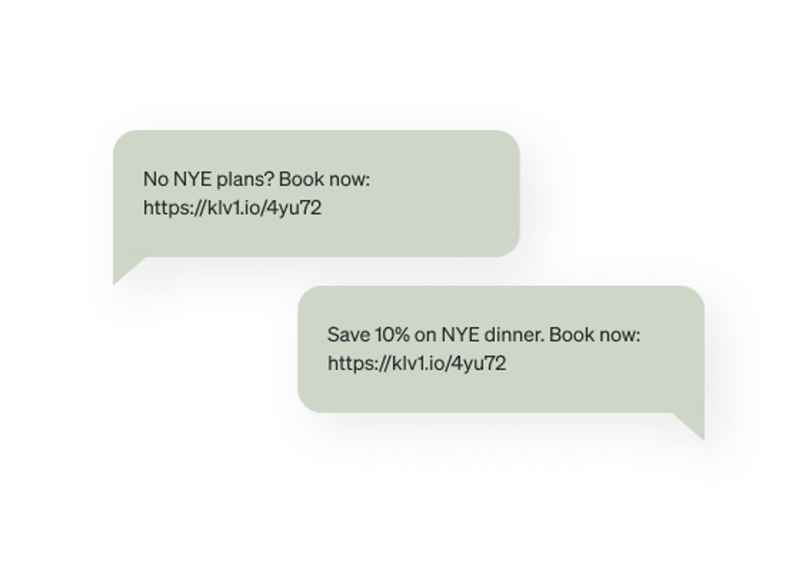Two text message bubbles promoting New Year's Eve bookings and a 10% dinner discount.