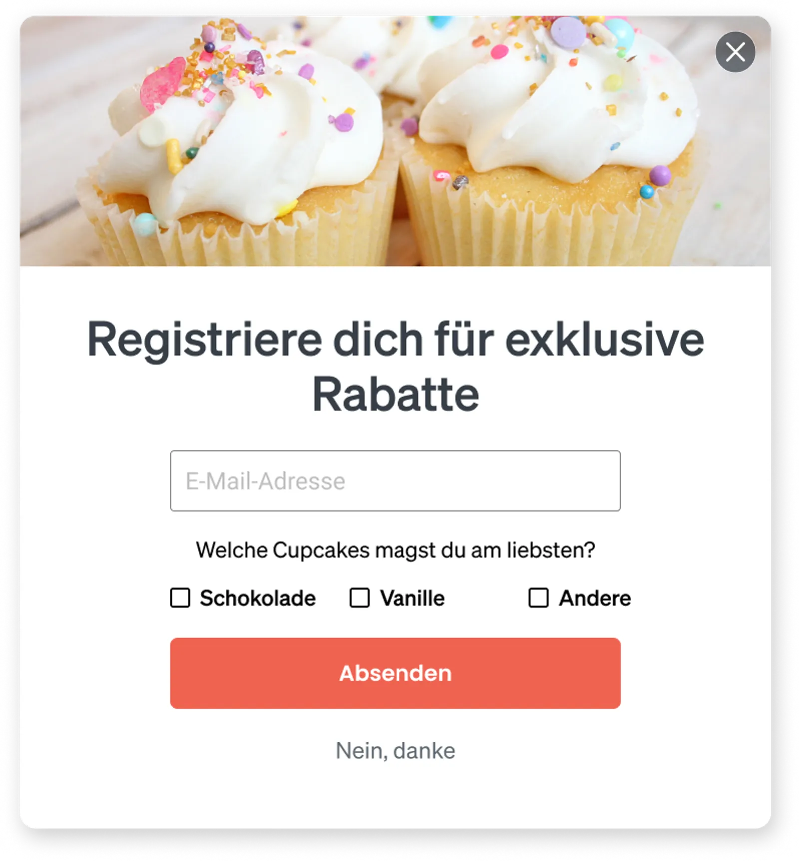 Bild eines Anmeldeformulars, in dem eine E-Mail-Adresse und der Lieblingskuchen des Besuchers abgefragt werden.