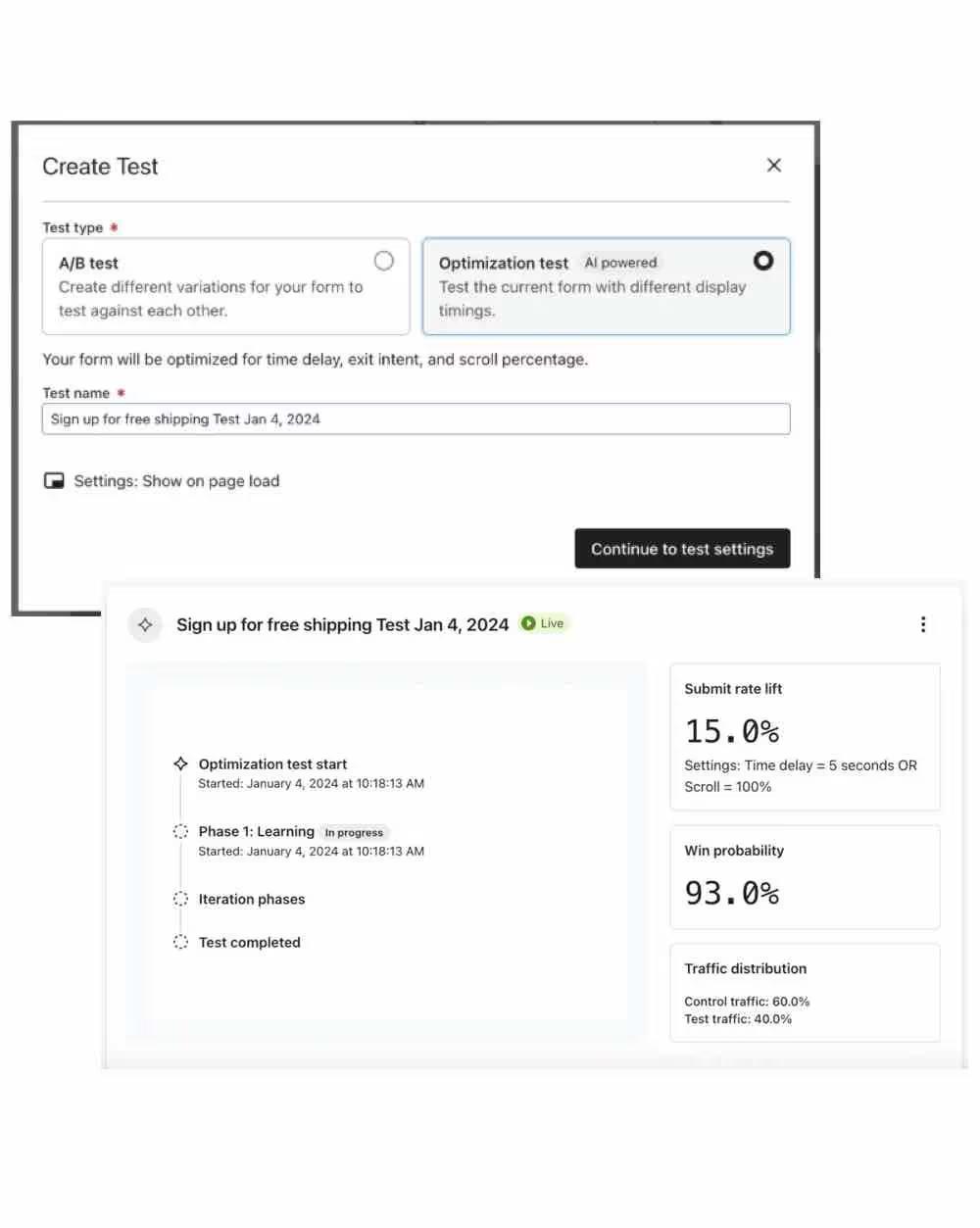 Screenshot example of Klaviyo's form optimization test feature.