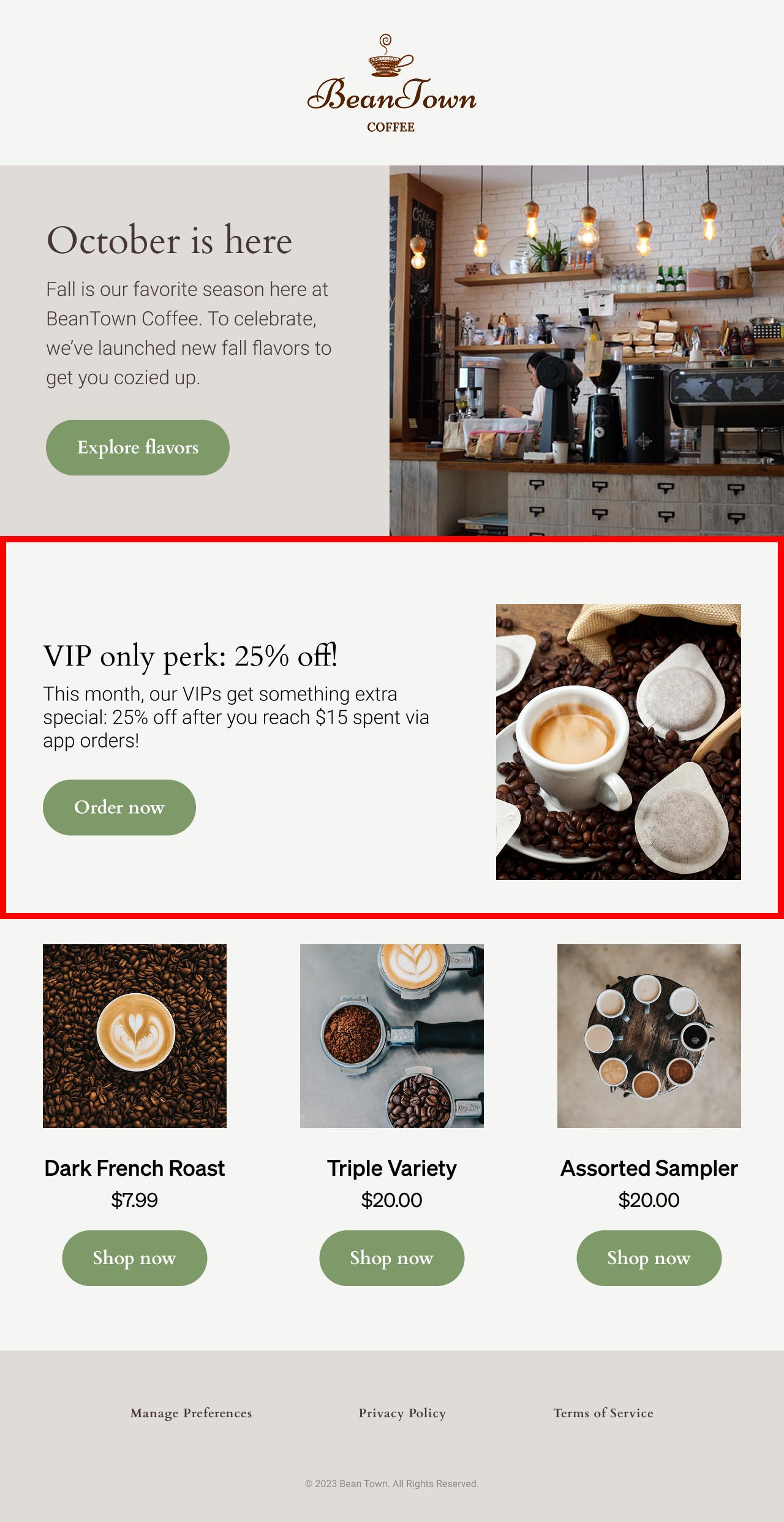 Email example with highlighted show/hide section