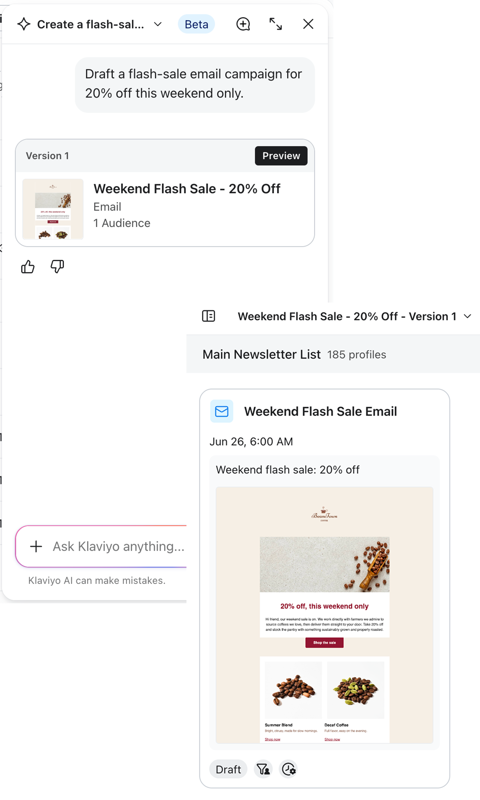 User interface showing an AI-generated email for a 20% off flash sale on coffee products.