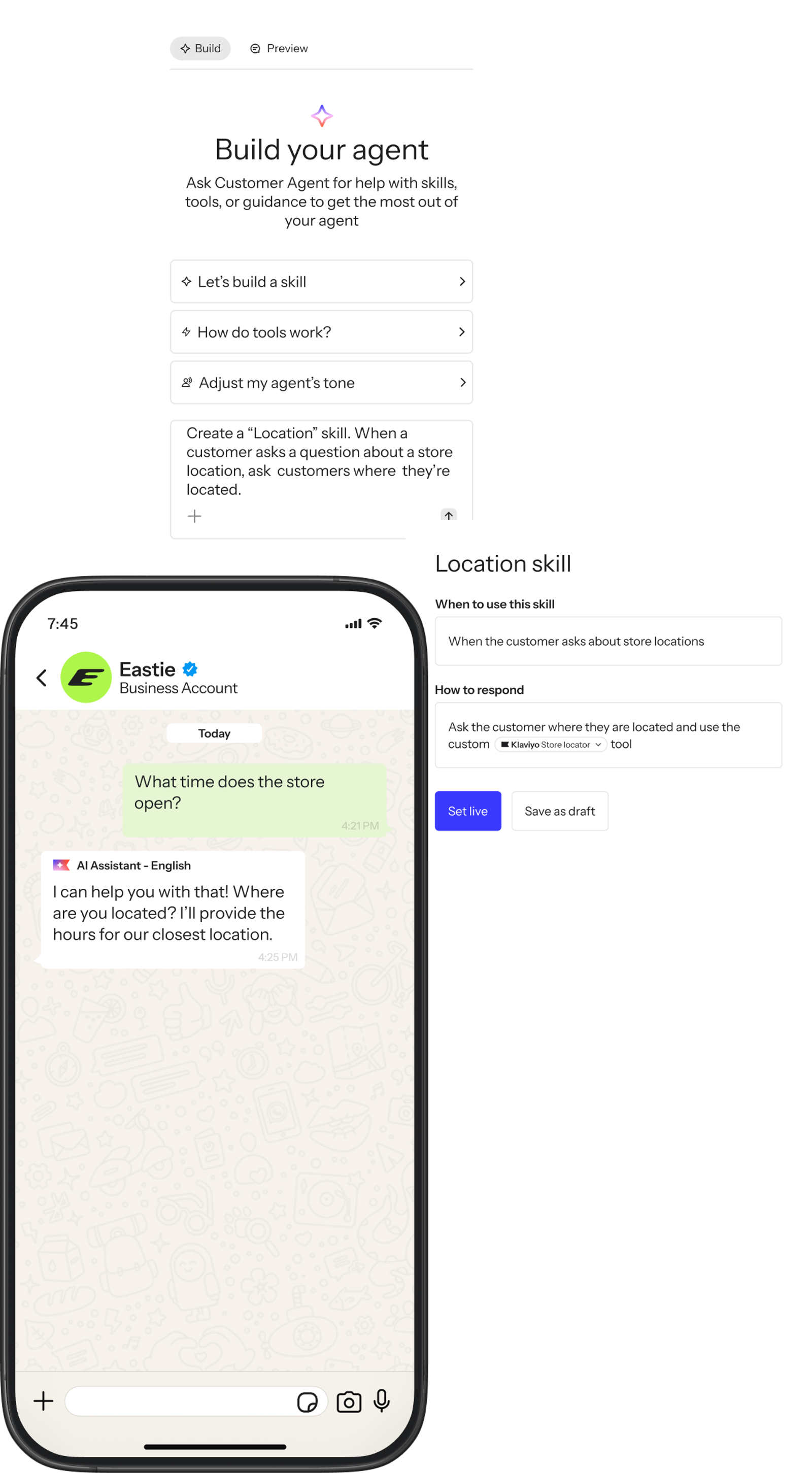 Process of creating a skill in the Agent Builder and publishing a skill, and then launching on WhatsApp