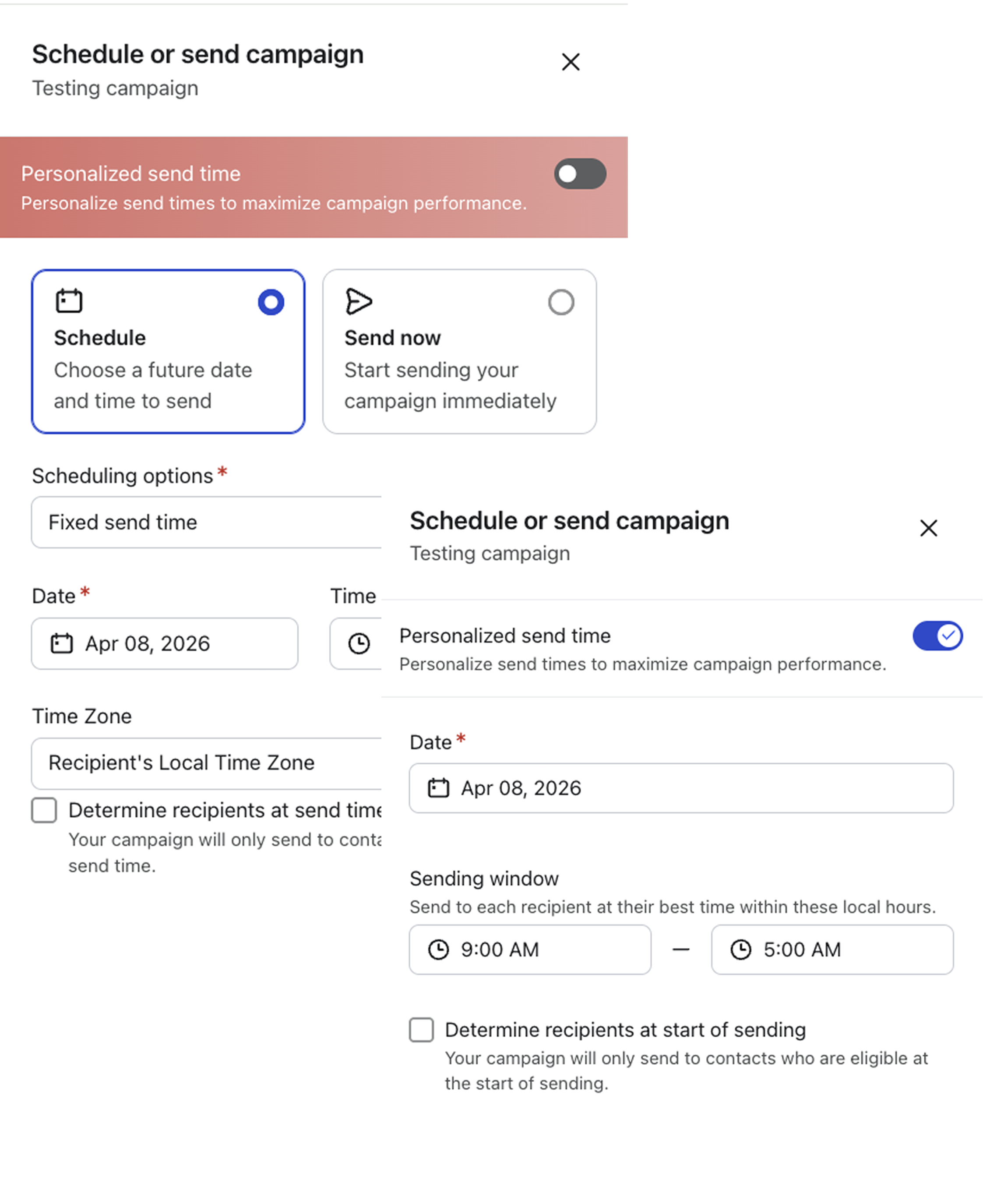 Personalized send time toggle setting in the Klaviyo platform