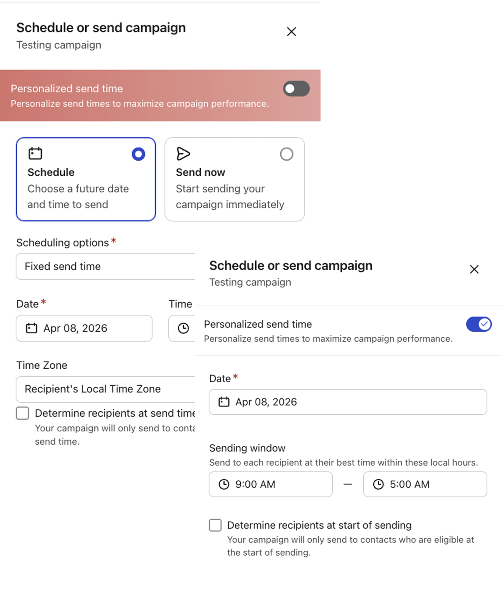 Personalized send time toggle setting in the Klaviyo platform