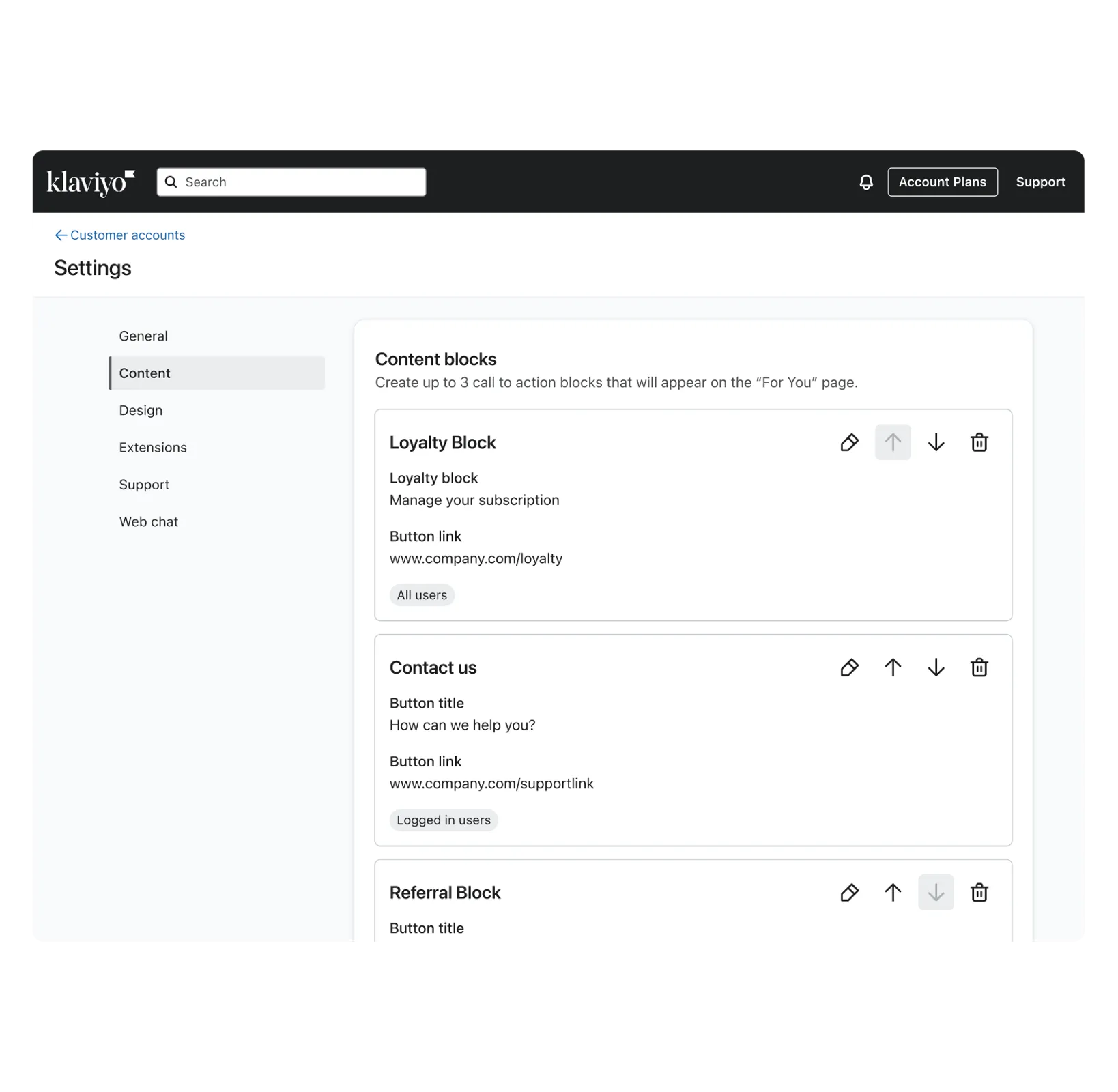 The Content options page in Customer Hub.