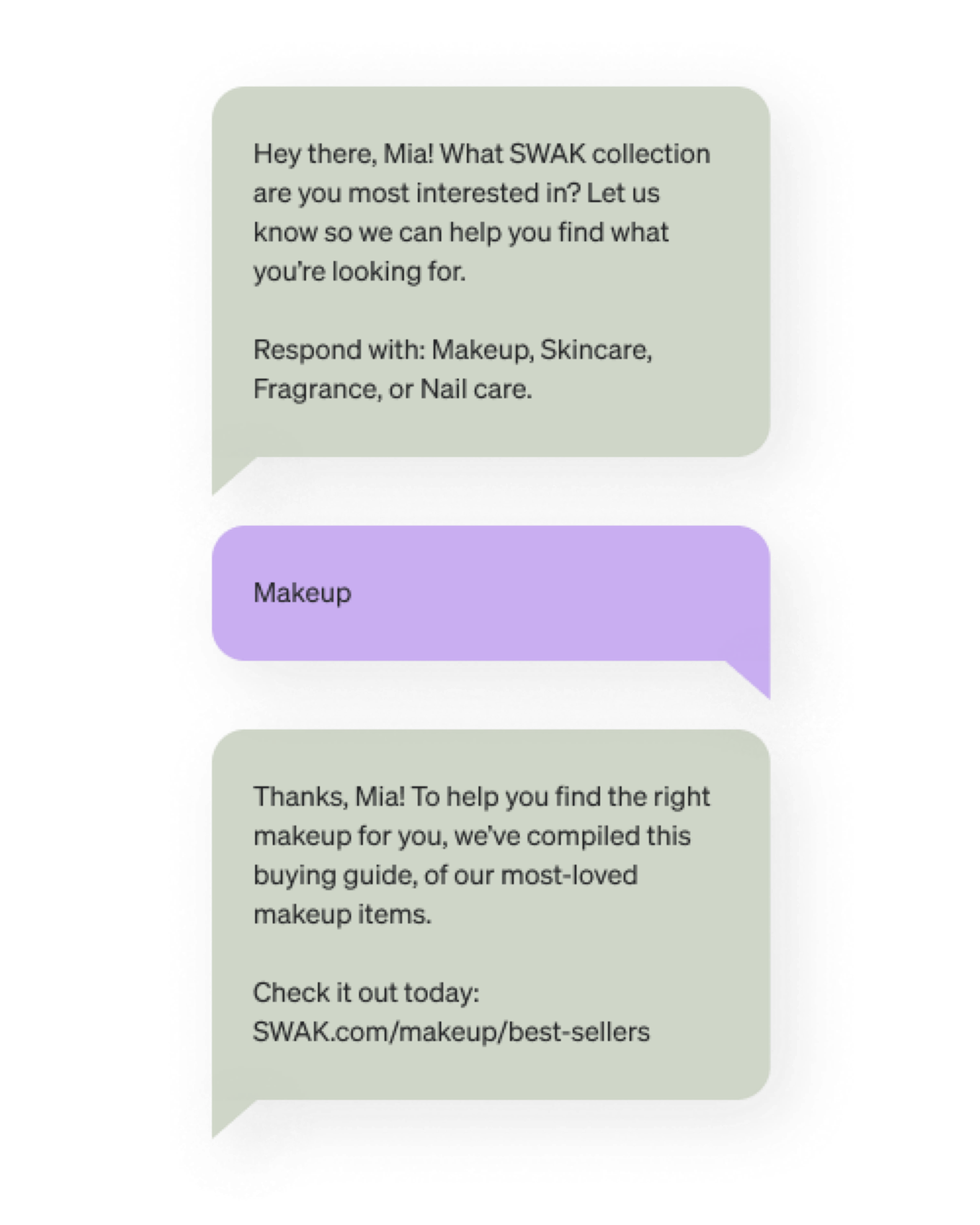 SWAK sends Mia a buying guide of their best selling makeup in response. 
