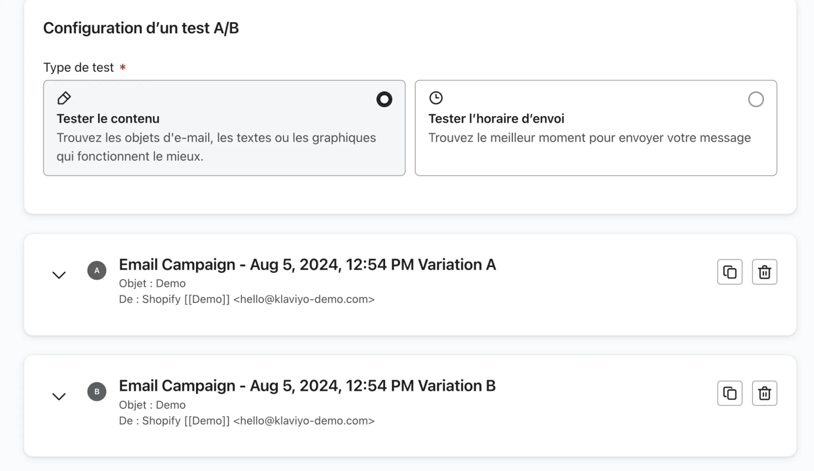  Capture d'écran des 2 variantes d'un test.