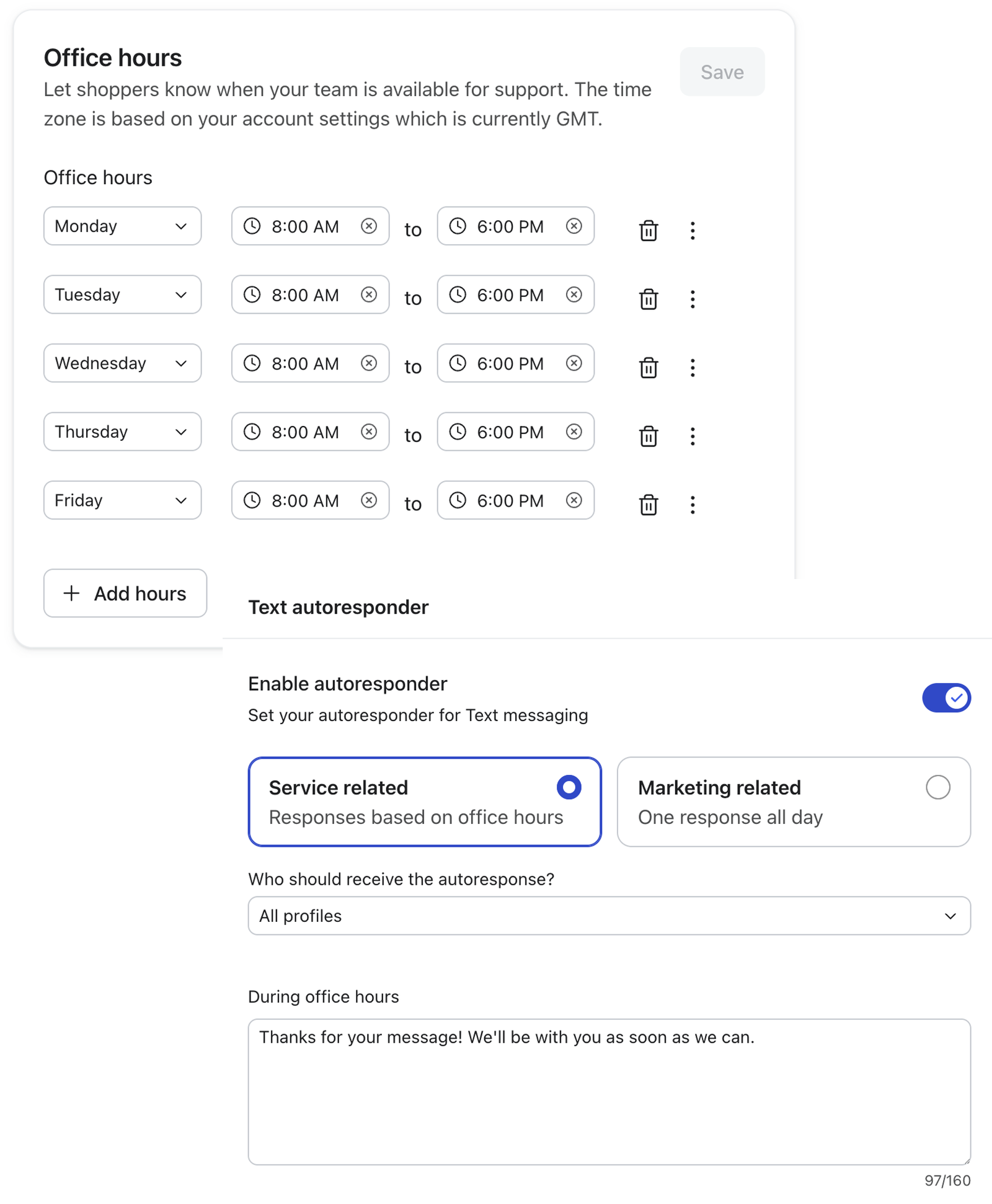 Klaviyo Helpdesk office hours and text auto-responders