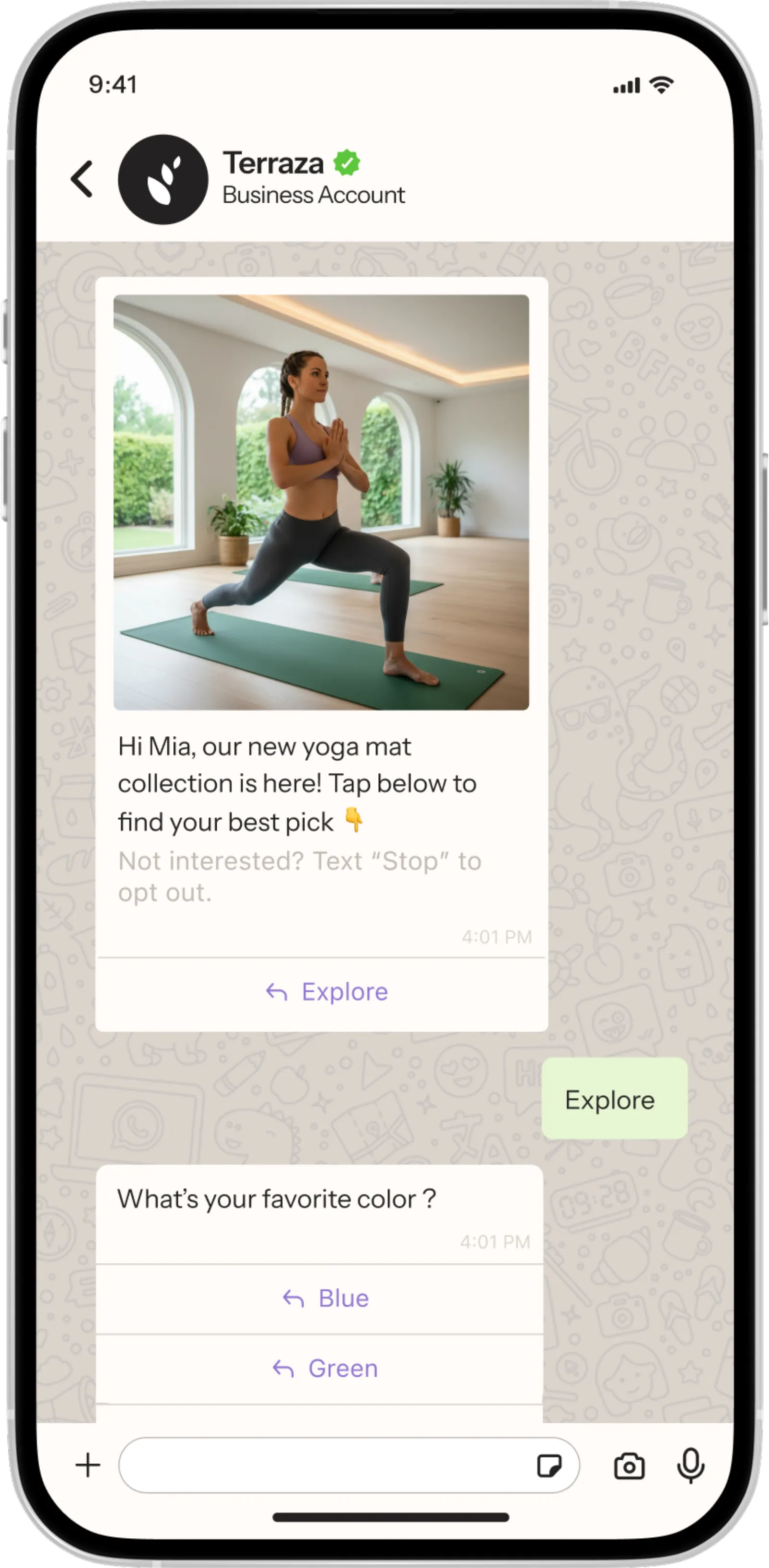 A smartphone screen shows a WhatsApp conversation with a verified business account promoting a new yoga mat collection, including an image of a person doing yoga, an “Explore” button, and a follow-up quiz asking the customer to choose a favorite color.