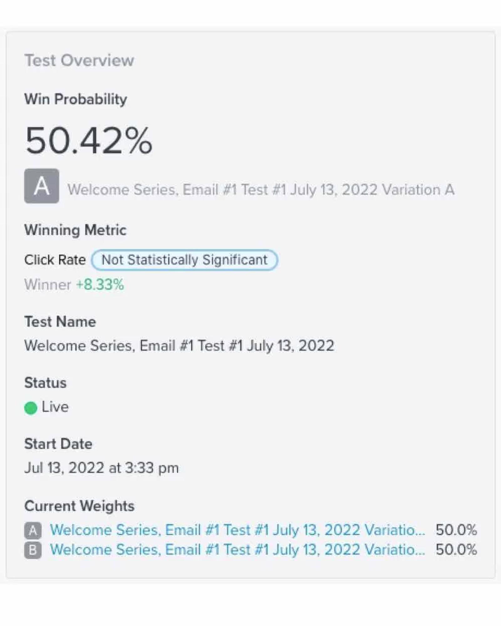 A visual overivew of the results from an A/B test of an individual flow message.