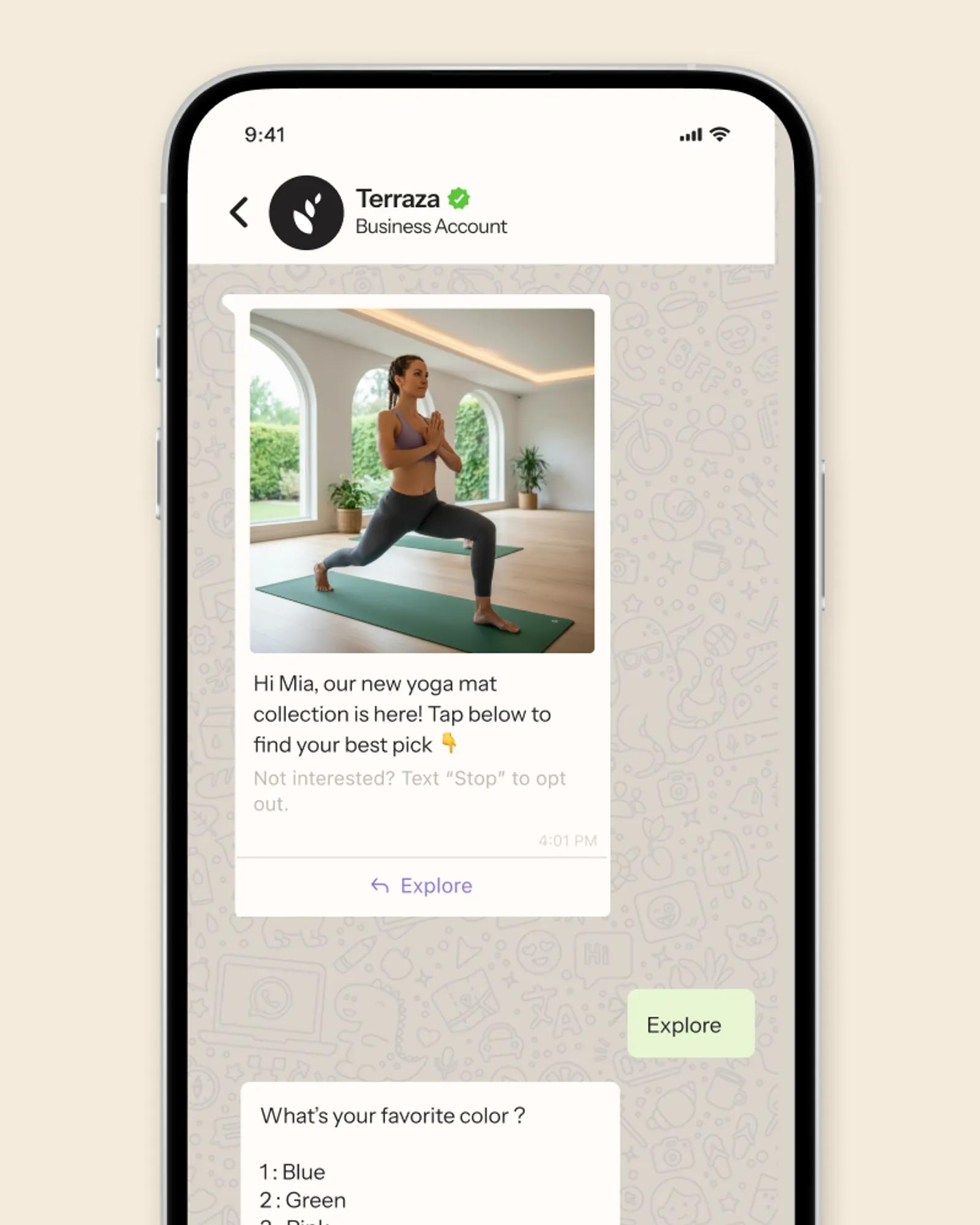 an automated WhatsApp conversation between a brand and a customer about yoga mats