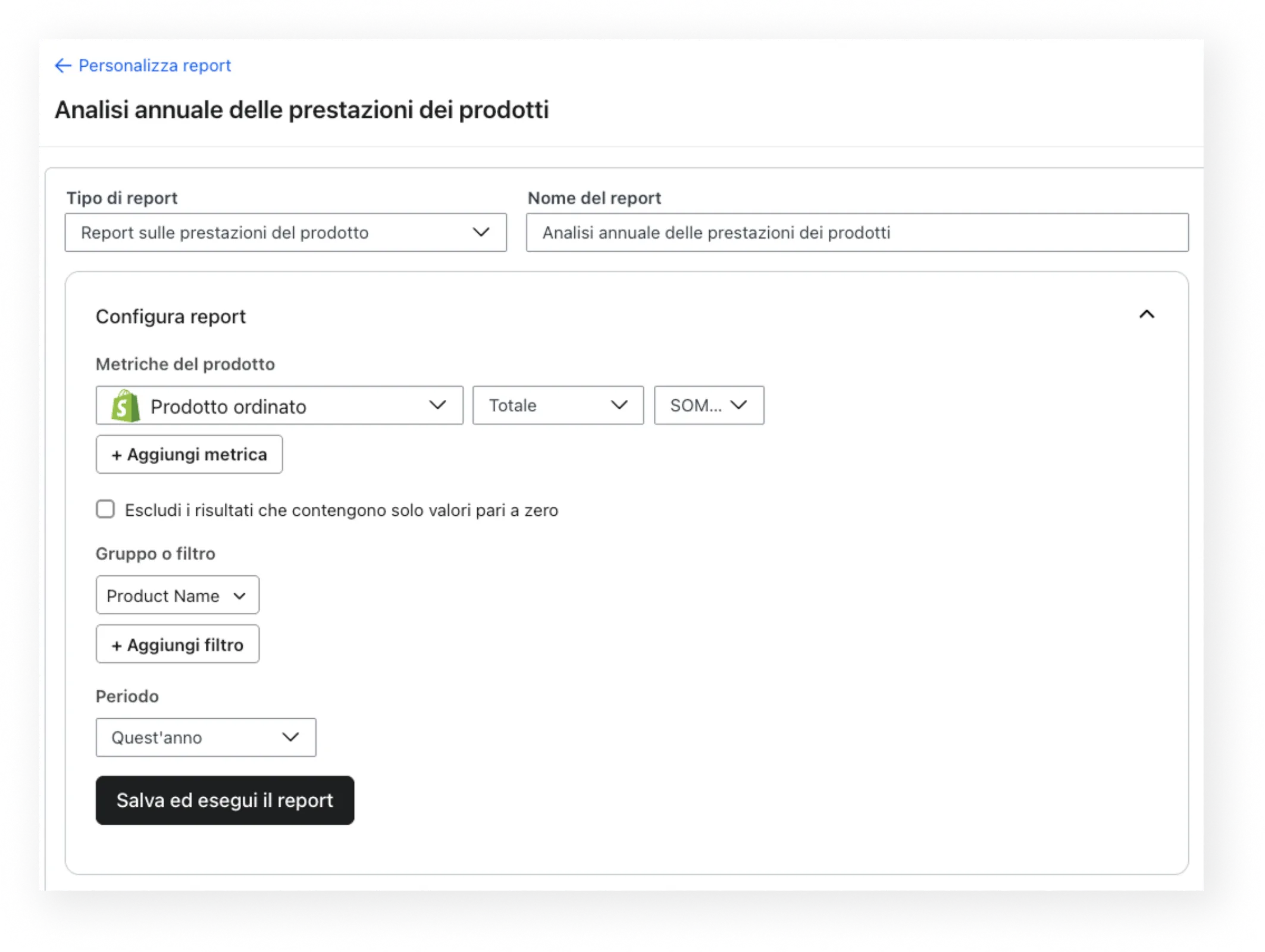 Product performance report that breaks down total ordered products grouped by name for the year. 