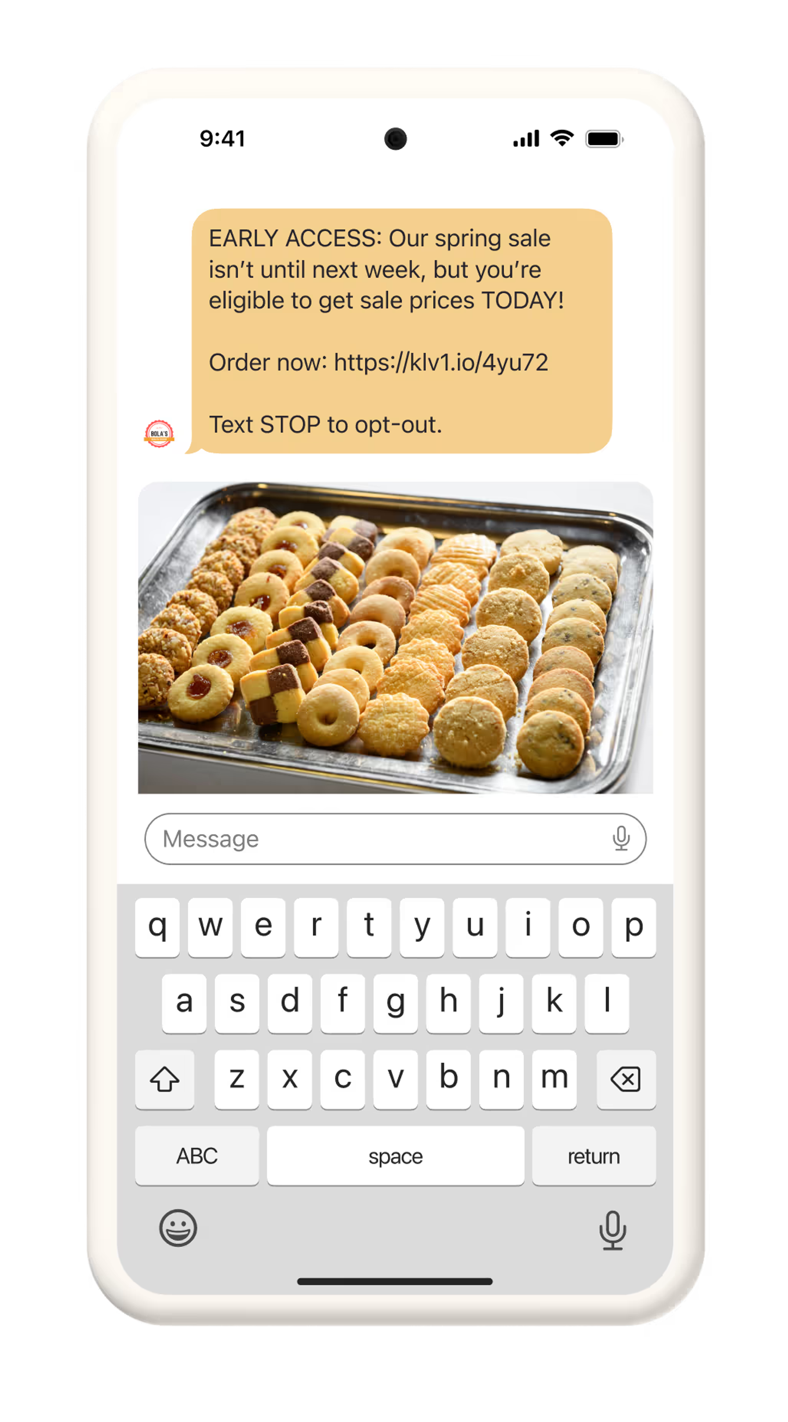Image of an early access SMS message