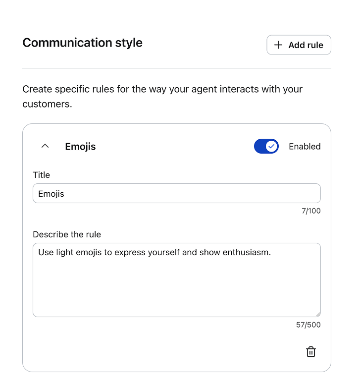 Beantown's Customer Agent communication style rule for emoji use.