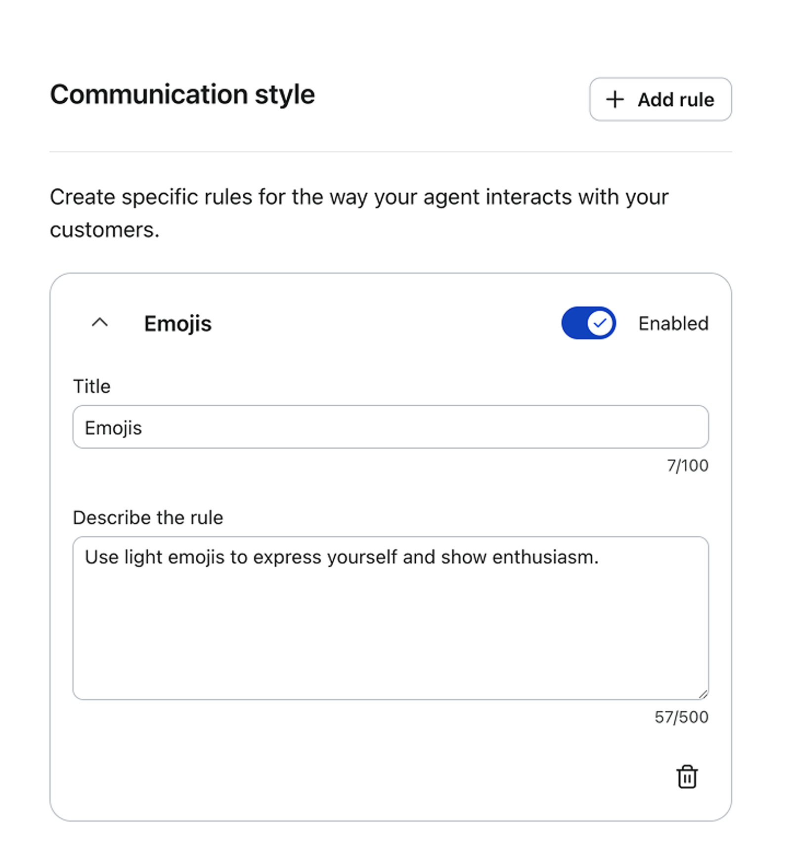 Beantown's Customer Agent communication style rule for emoji use.